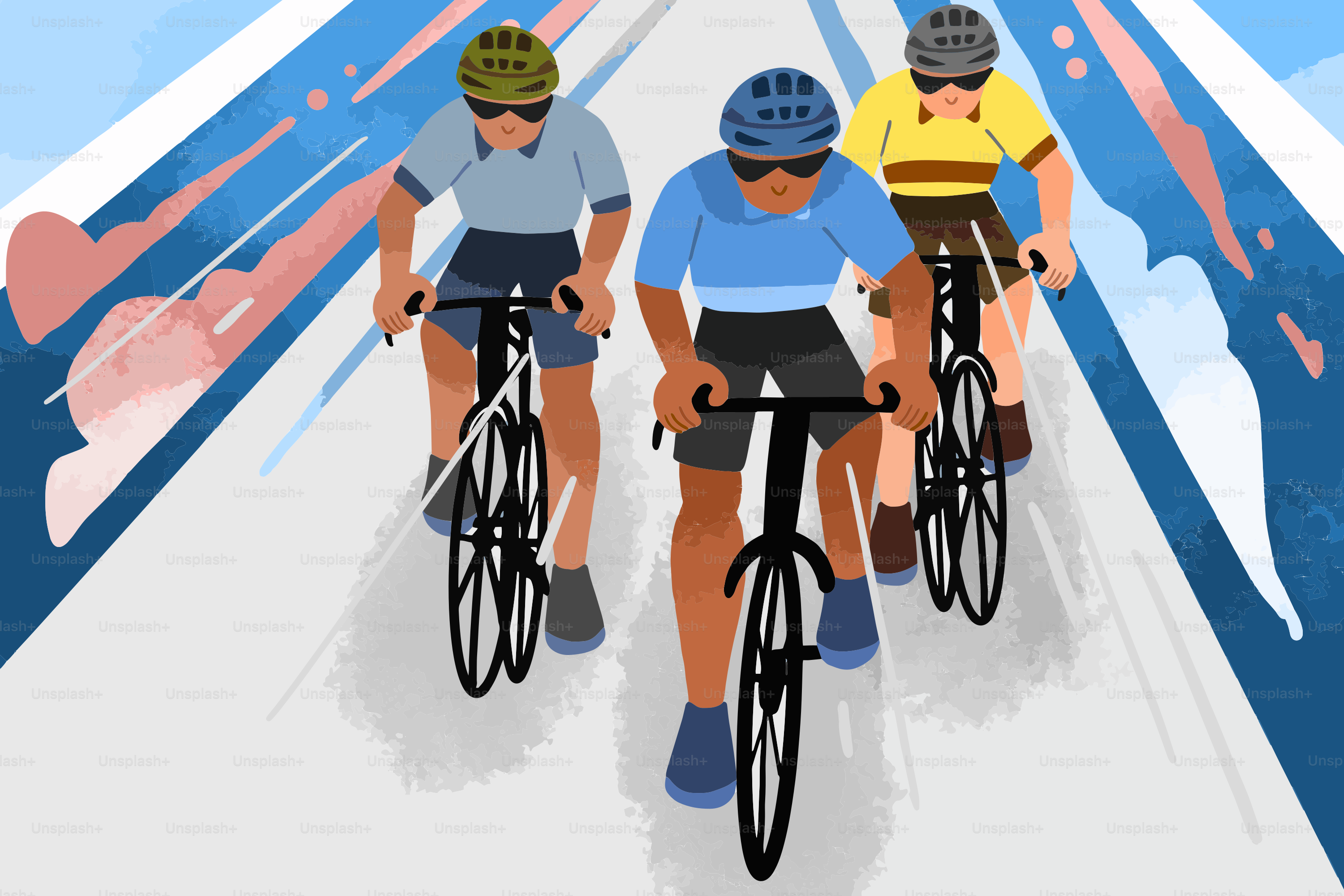 Tres ciclistas compiten en una carretera con un trasfondo dinámico.