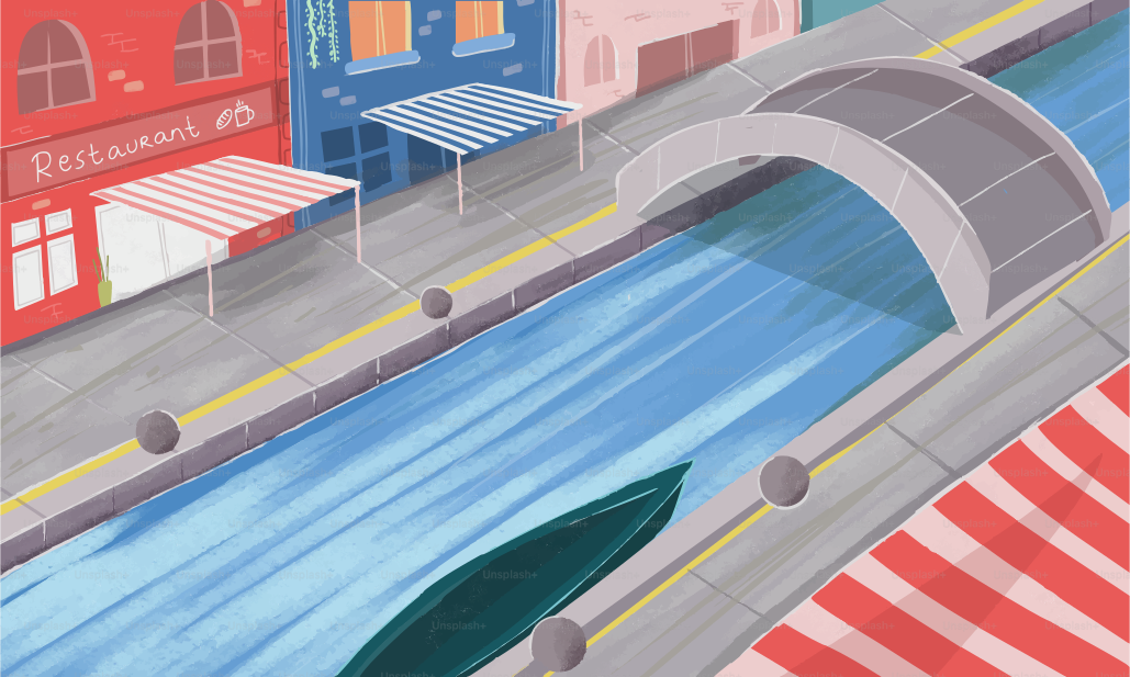 Cartoon city with a canal, buildings, and a boat