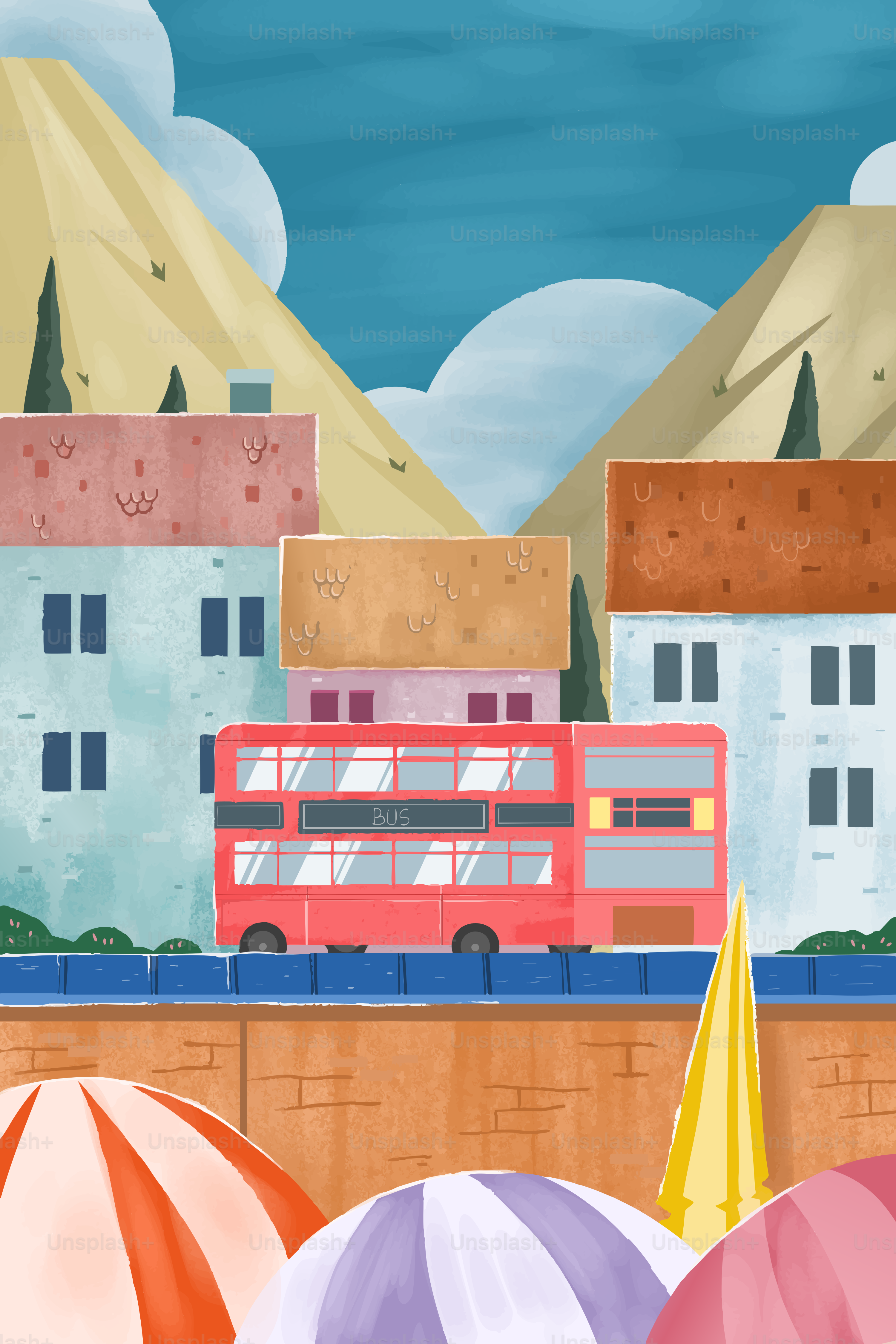Red double-decker bus, buildings, mountains, and striped umbrellas
