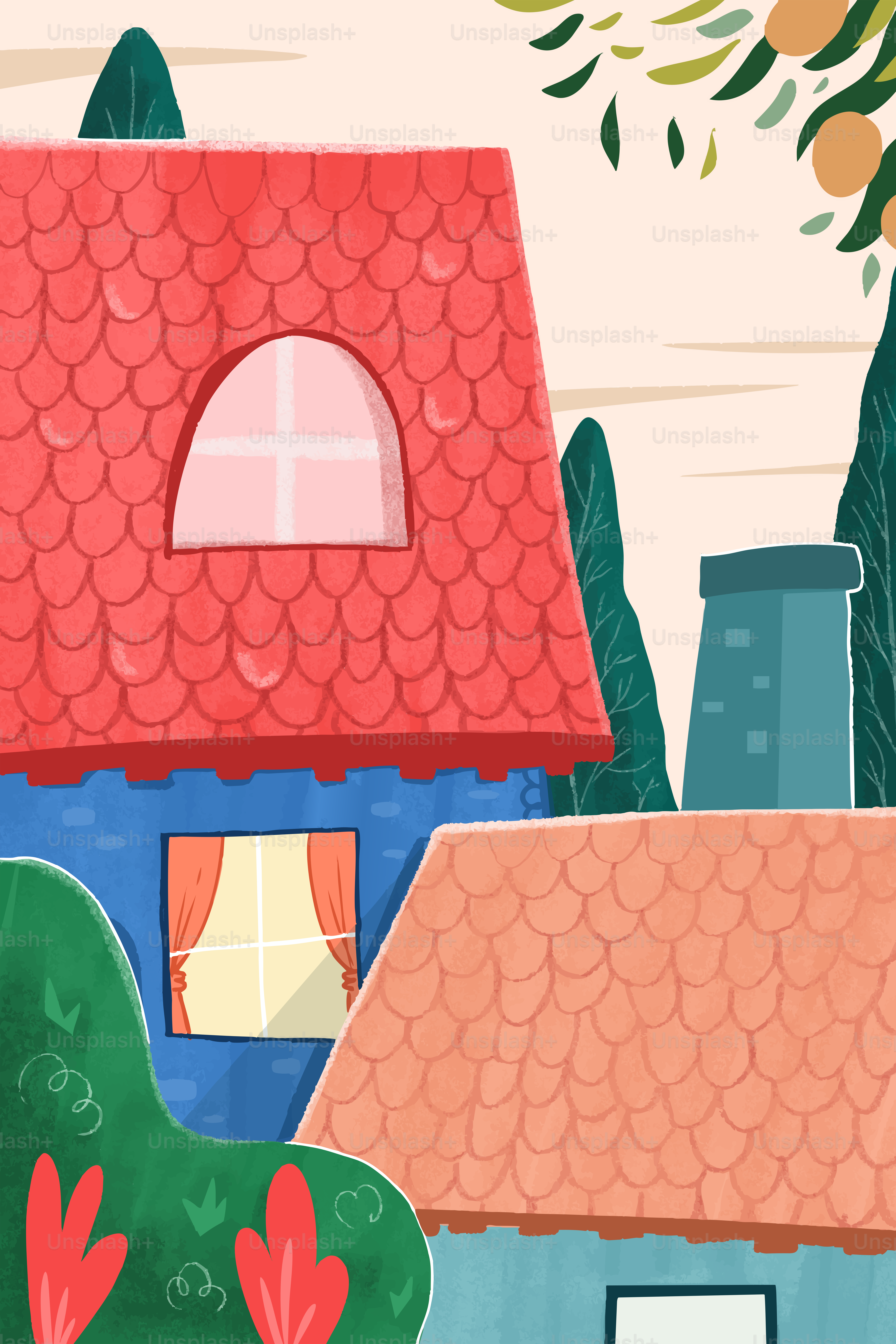 Colorful cartoon houses with red roofs and green trees