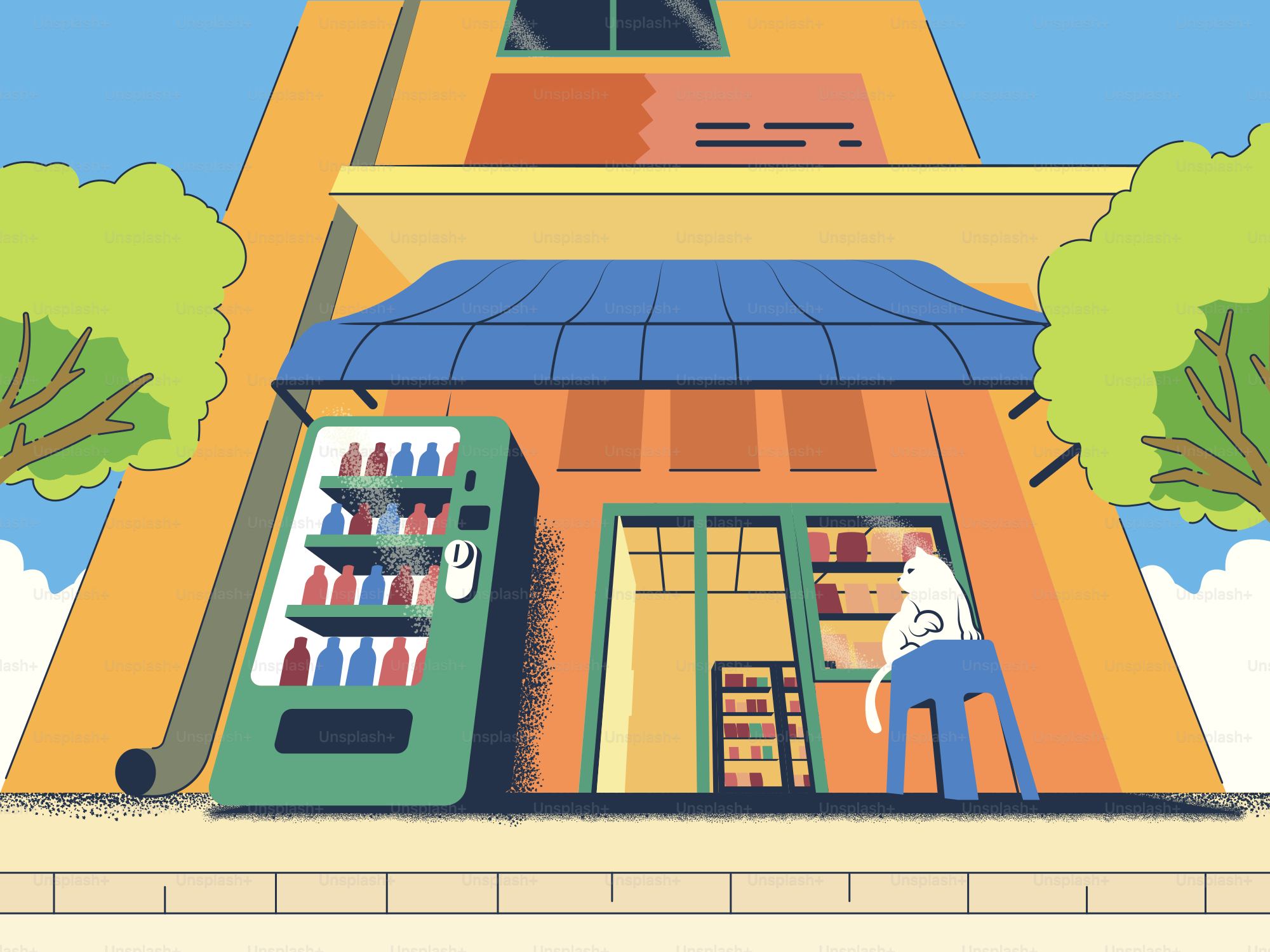 Une personne est assise devant un magasin avec un distributeur.