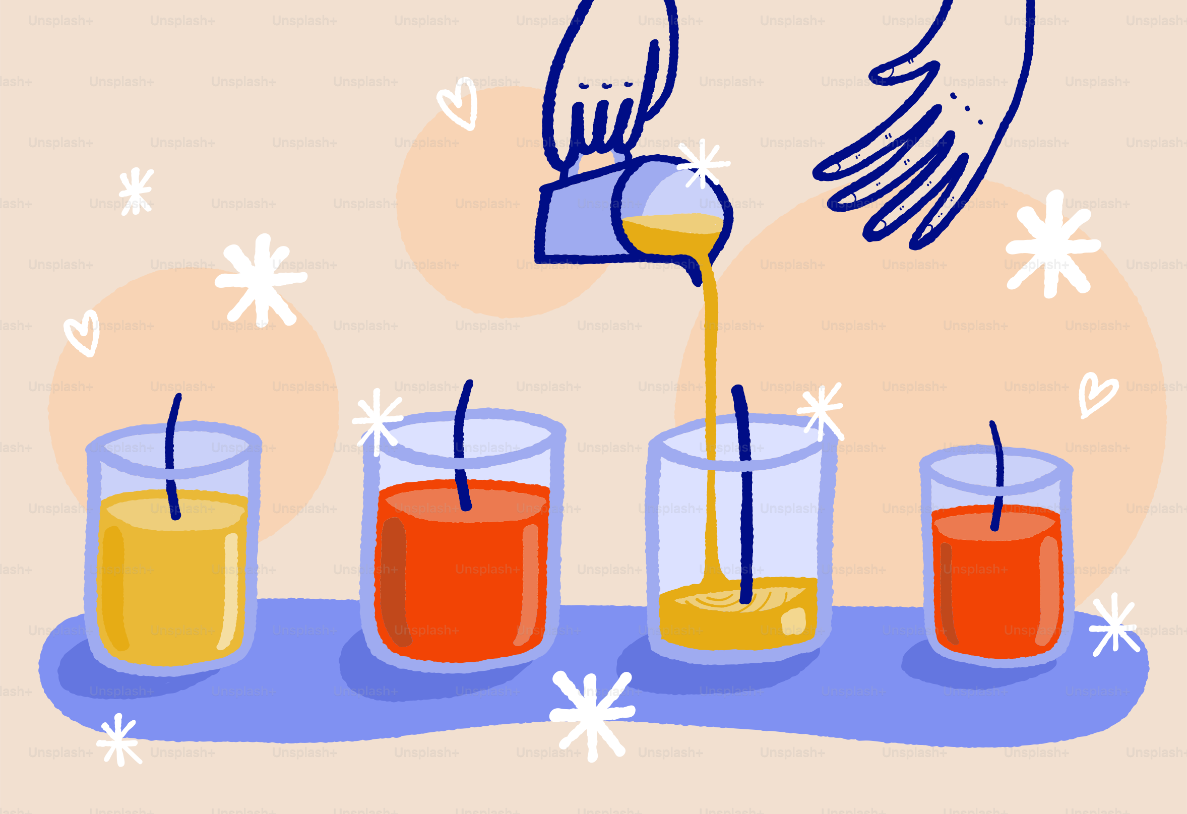 Pouring colorful wax into glass jars to make candles