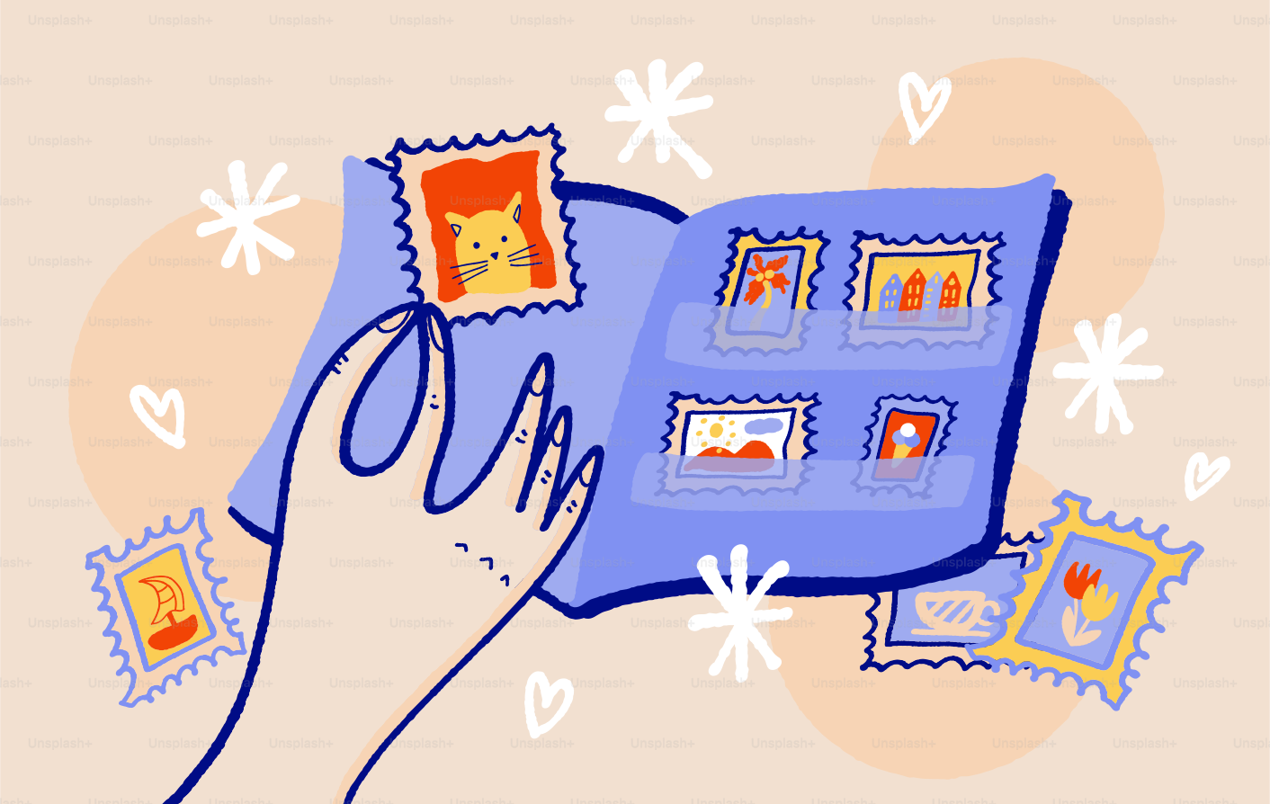 A hand placing a stamp into a blue stamp album
