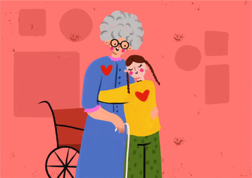 Una abuela de pelo canoso abraza a una niña