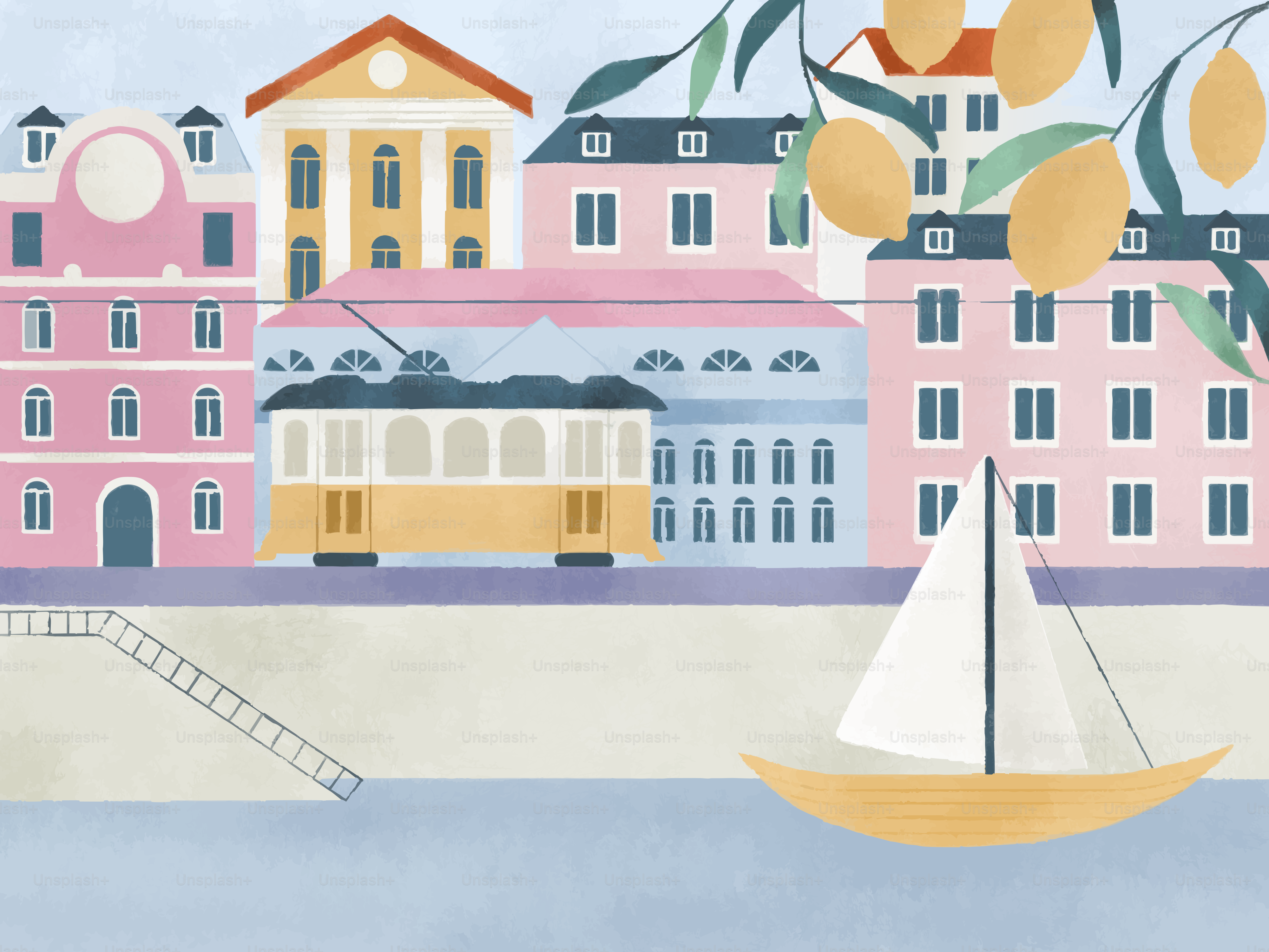 Pastellstadtillustration mit Straßenbahn, Segelboot und Obst.
