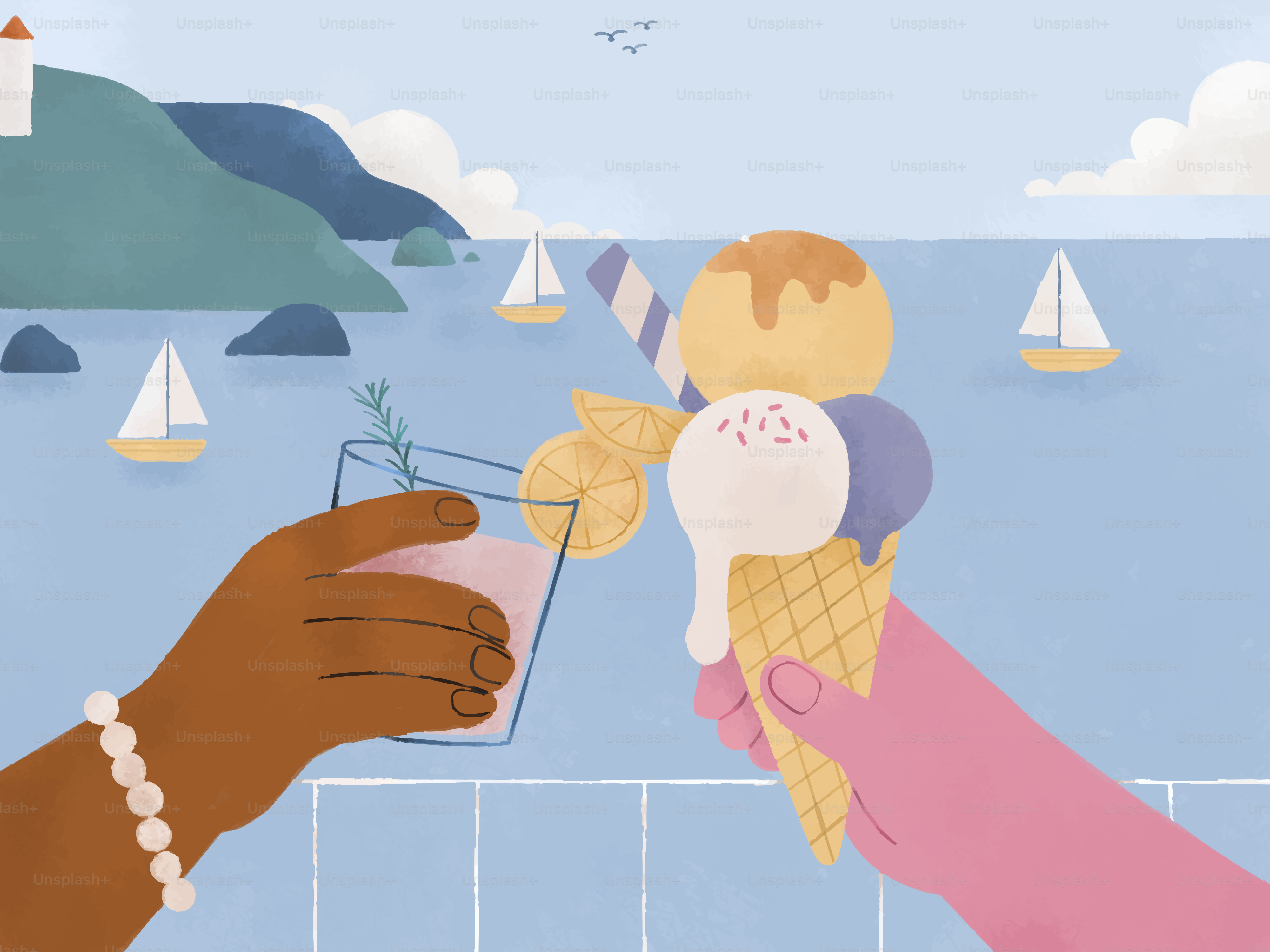 Wir genießen Eiscreme und ein erfrischendes Getränk am Meer.