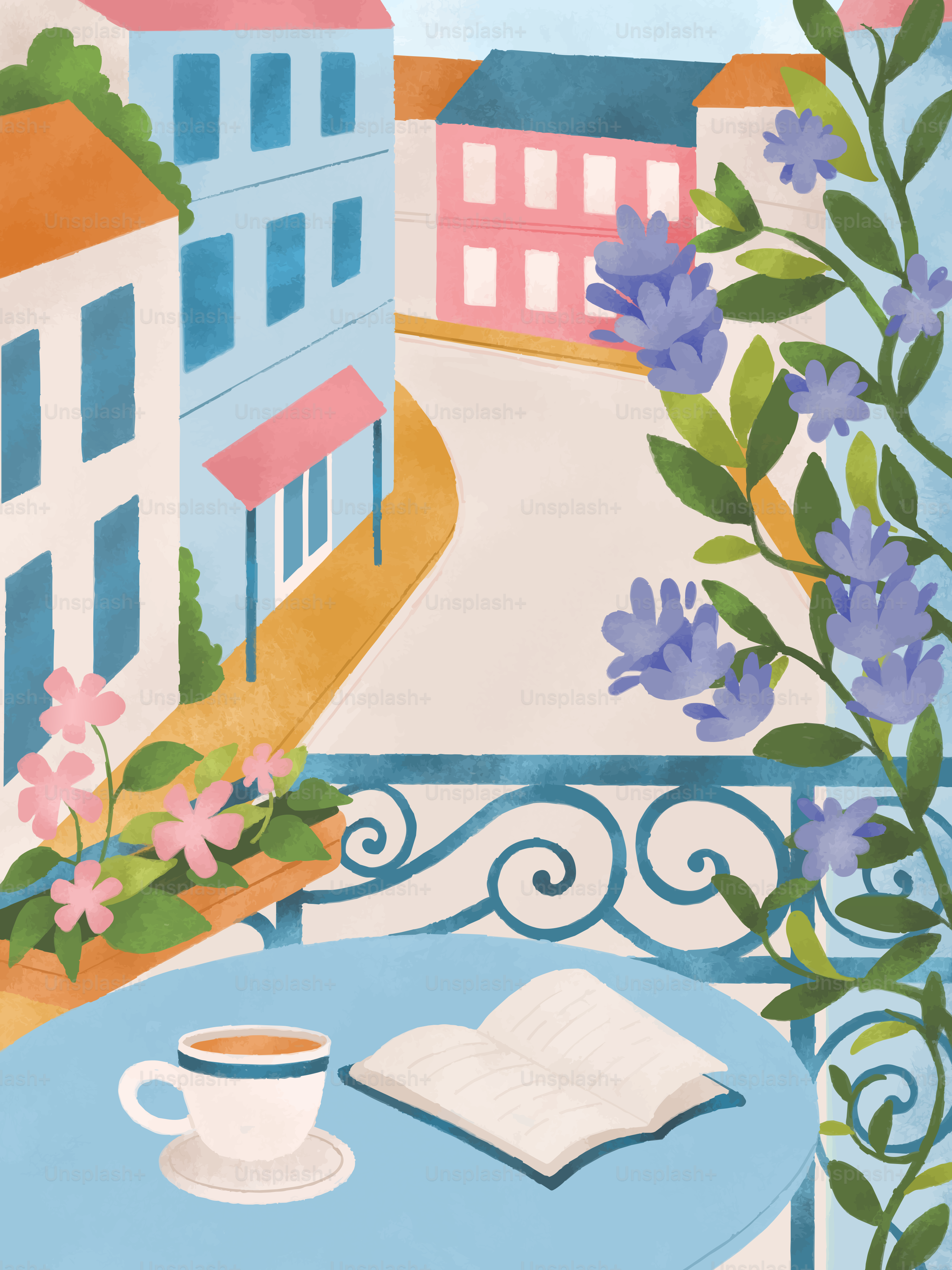 Kaffee und Buch auf einem Balkon mit Blick auf eine bunte Straße.