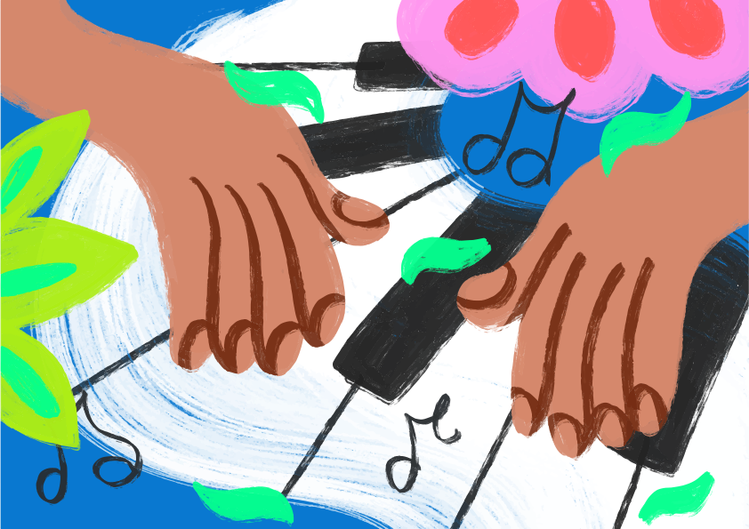 Manos estilizadas tocando teclas de piano con notas musicales y hojas