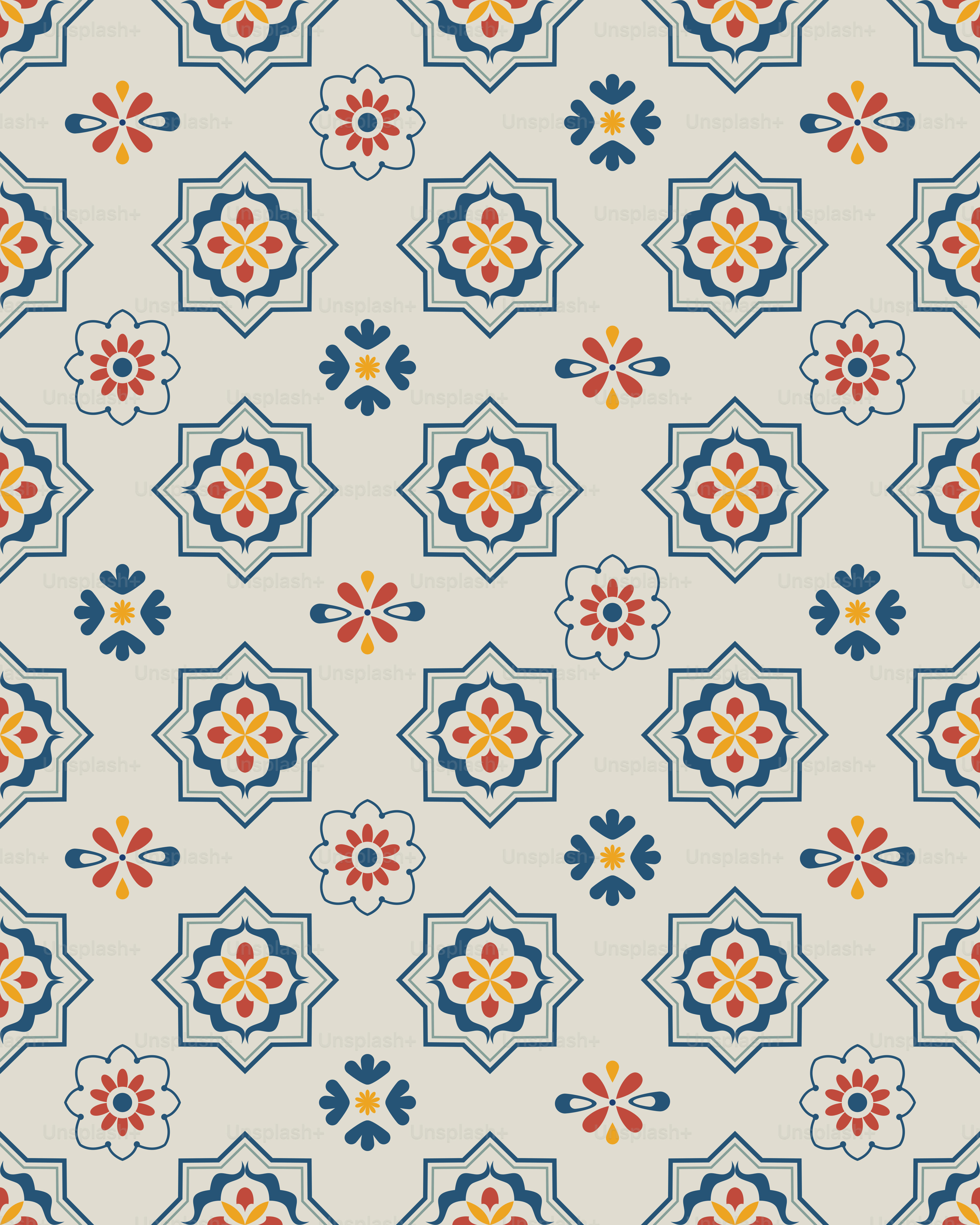 Nahtloses Muster mit blauen, roten, gelben geometrischen und floralen Motiven.