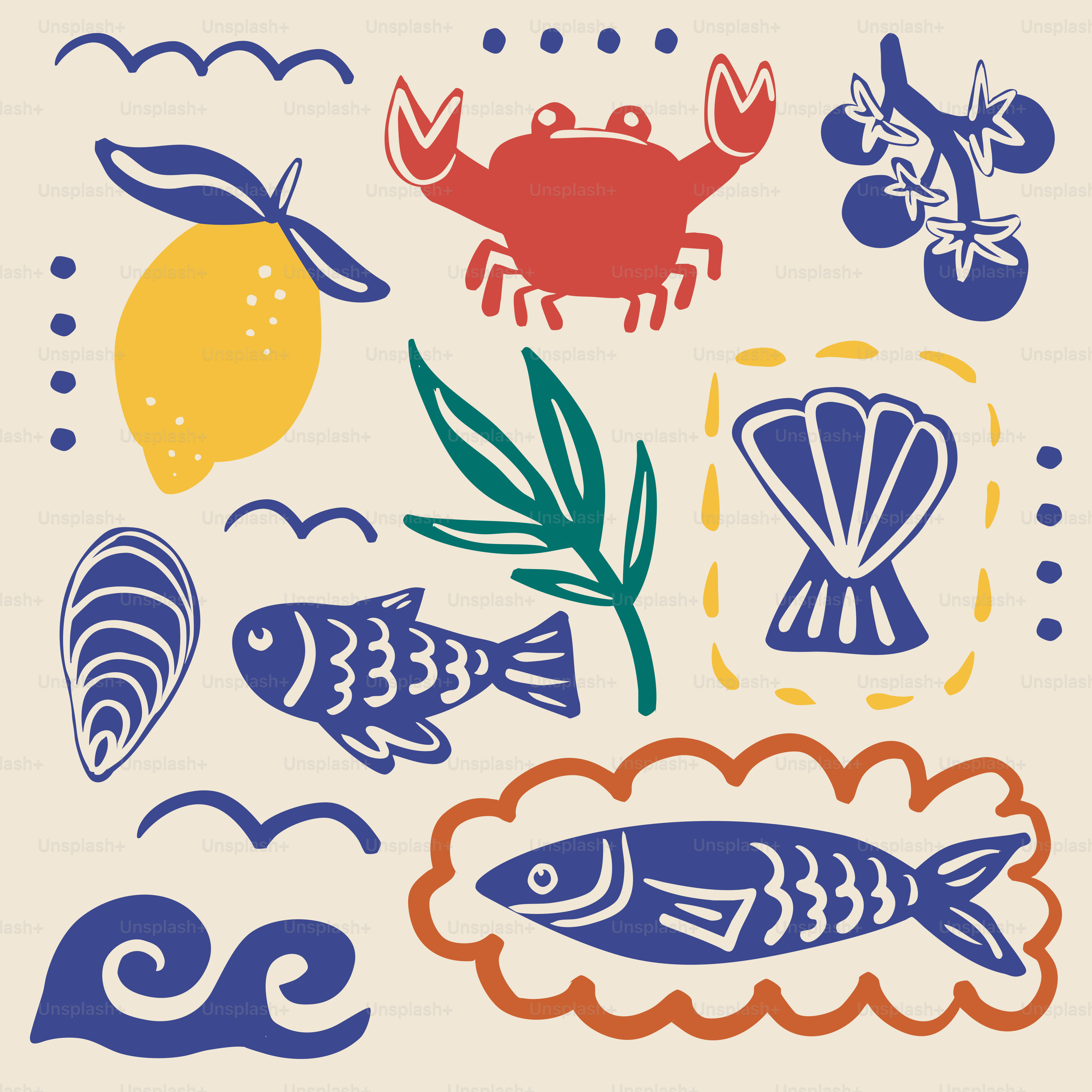Ilustrasi makanan laut, lemon, dan tomat berwarna-warni.
