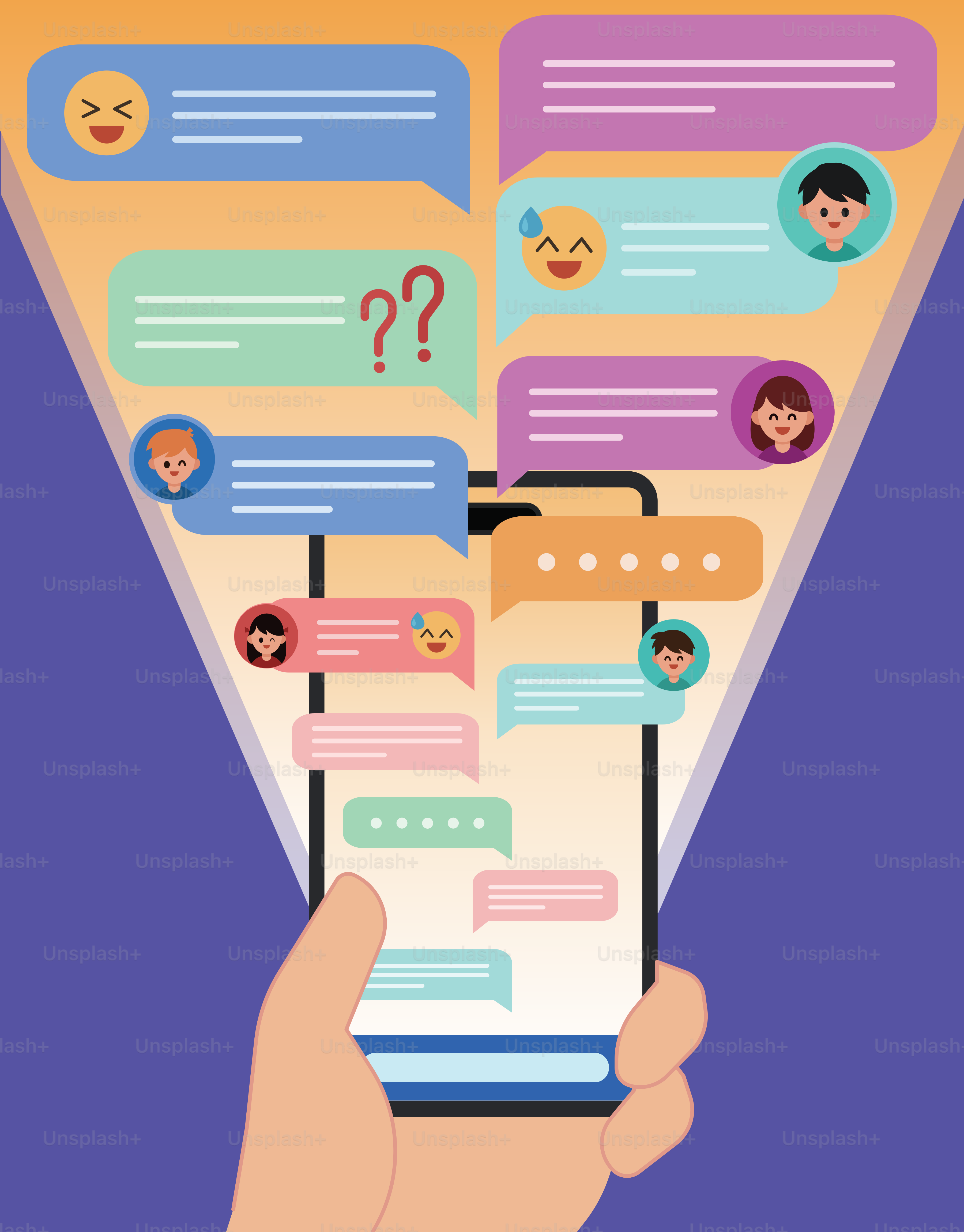 Smartphone de la mano con numerosos burbujas de chat y emojis
