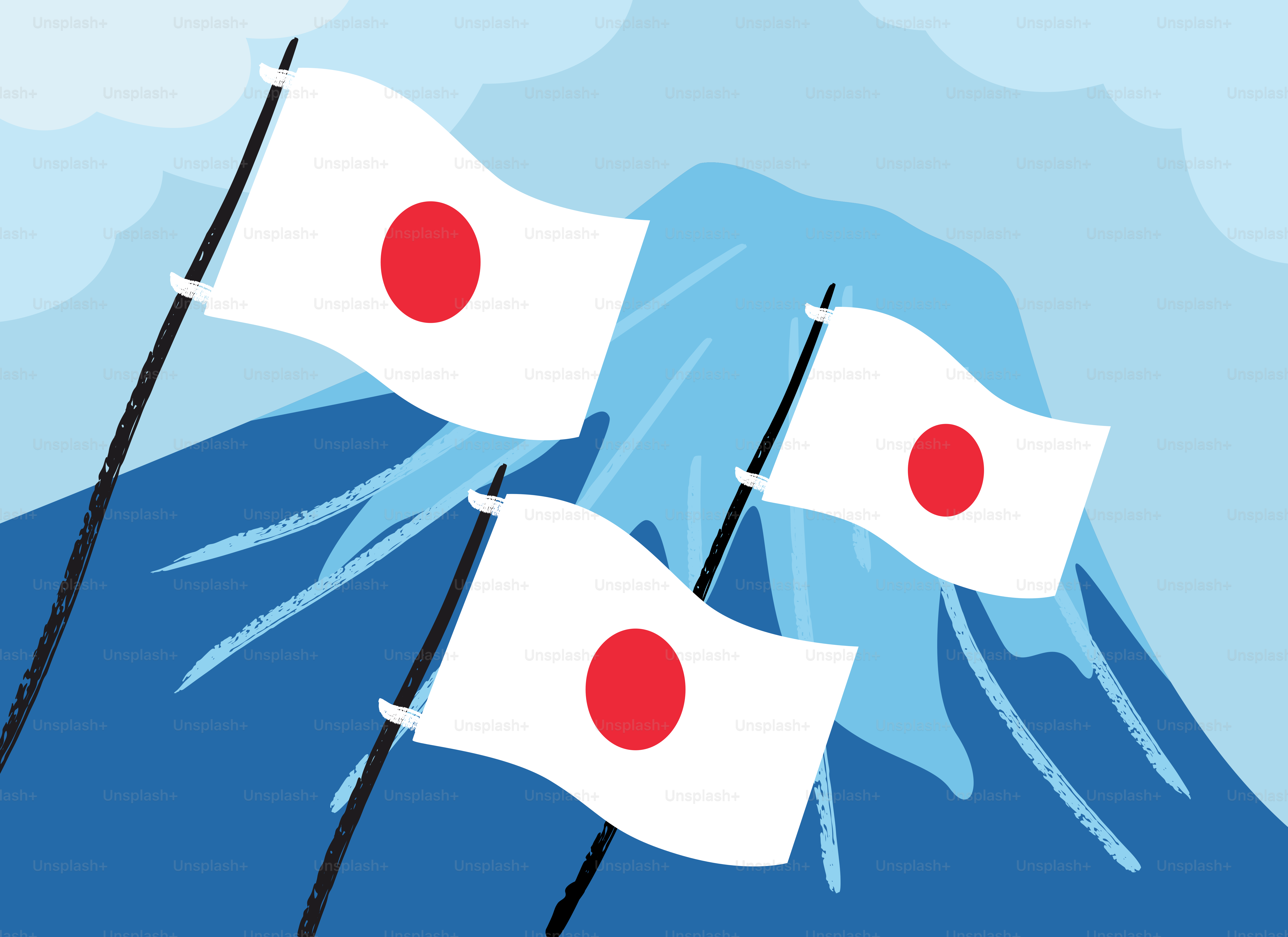 Três bandeiras japonesas tremulam em frente a uma montanha azul.