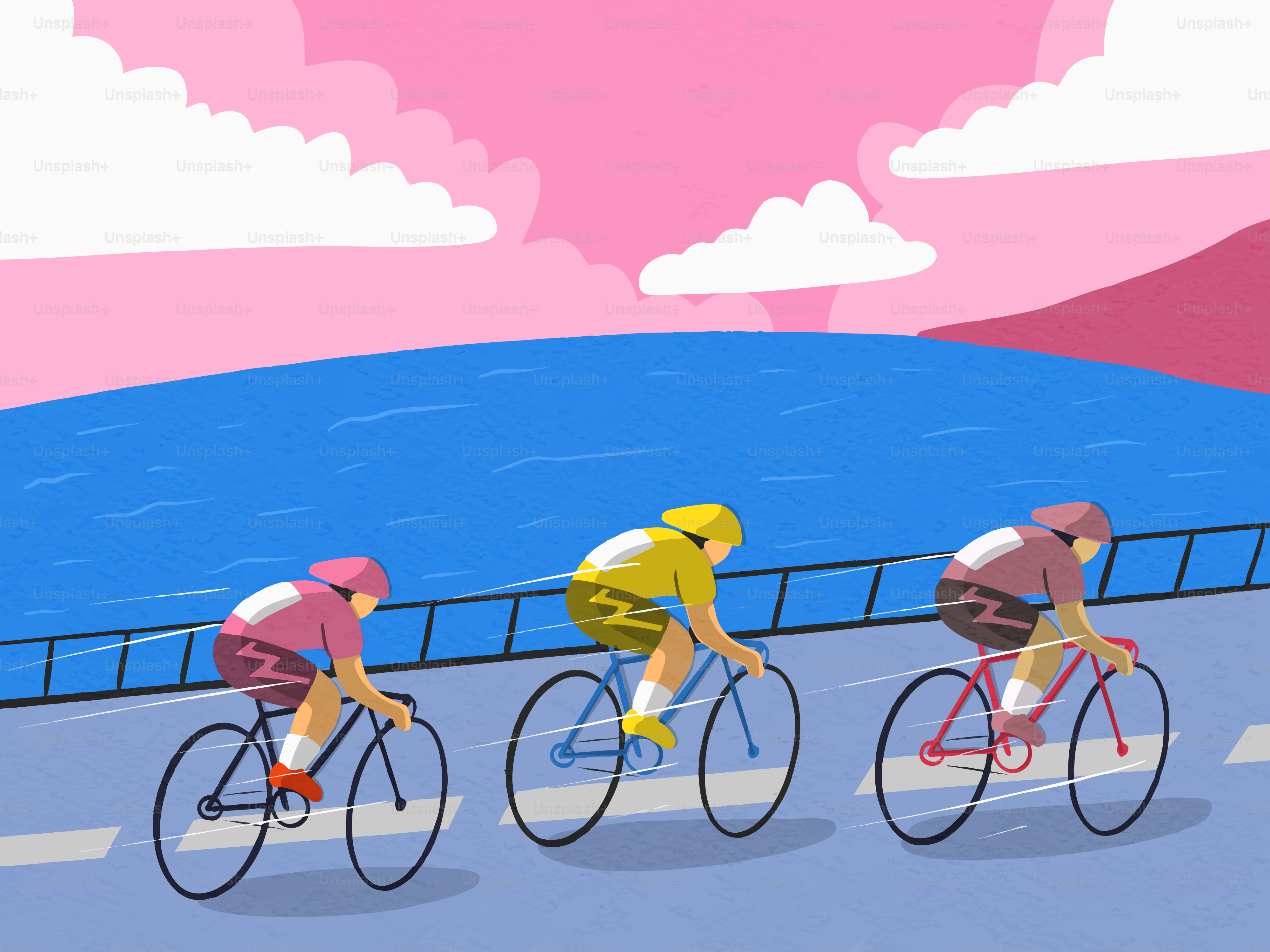 Trois cyclistes courent le long d’une route côtière au ciel rose