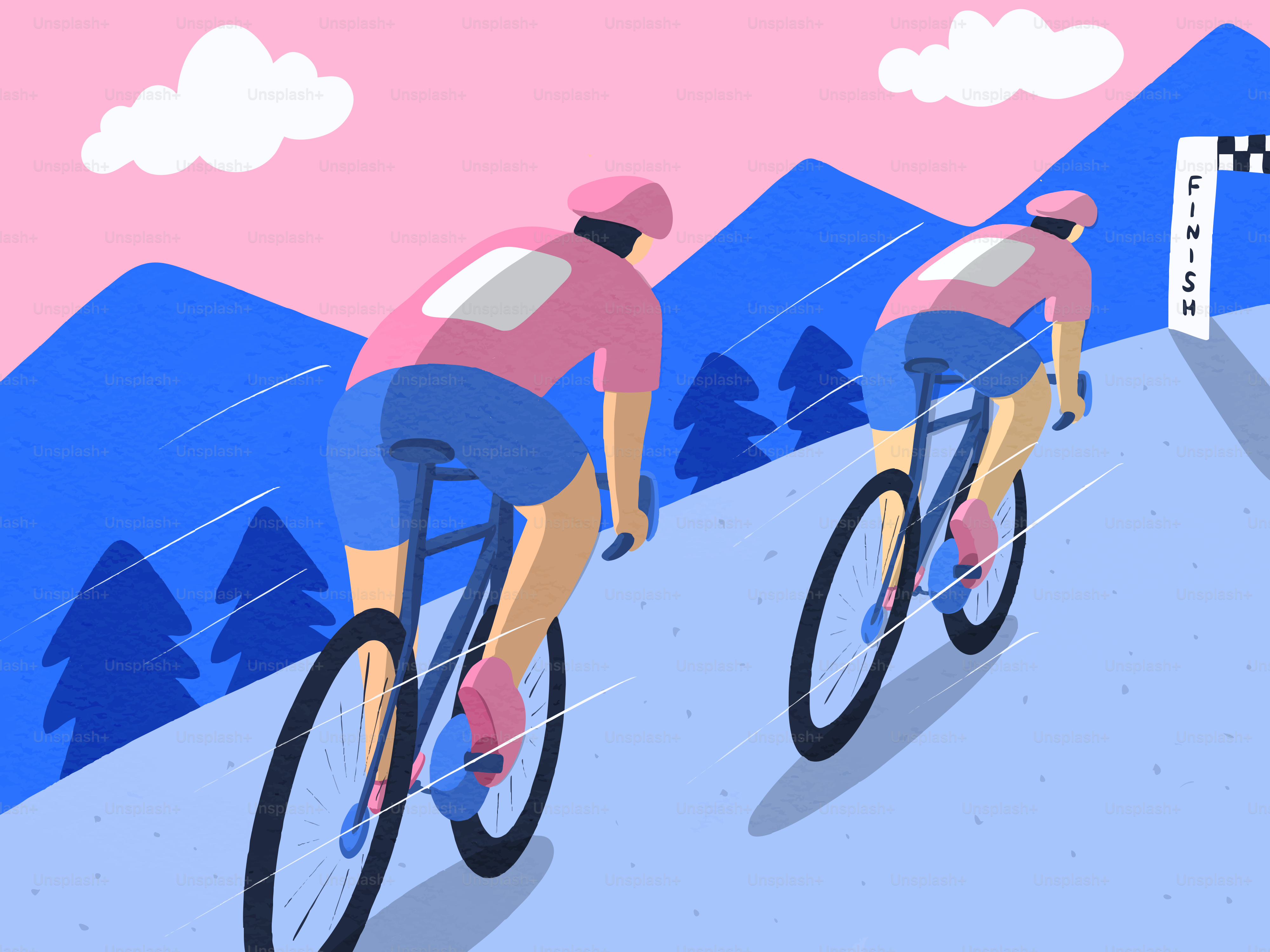 Deux cyclistes montent en montant vers une bannière sur la ligne d’arrivée