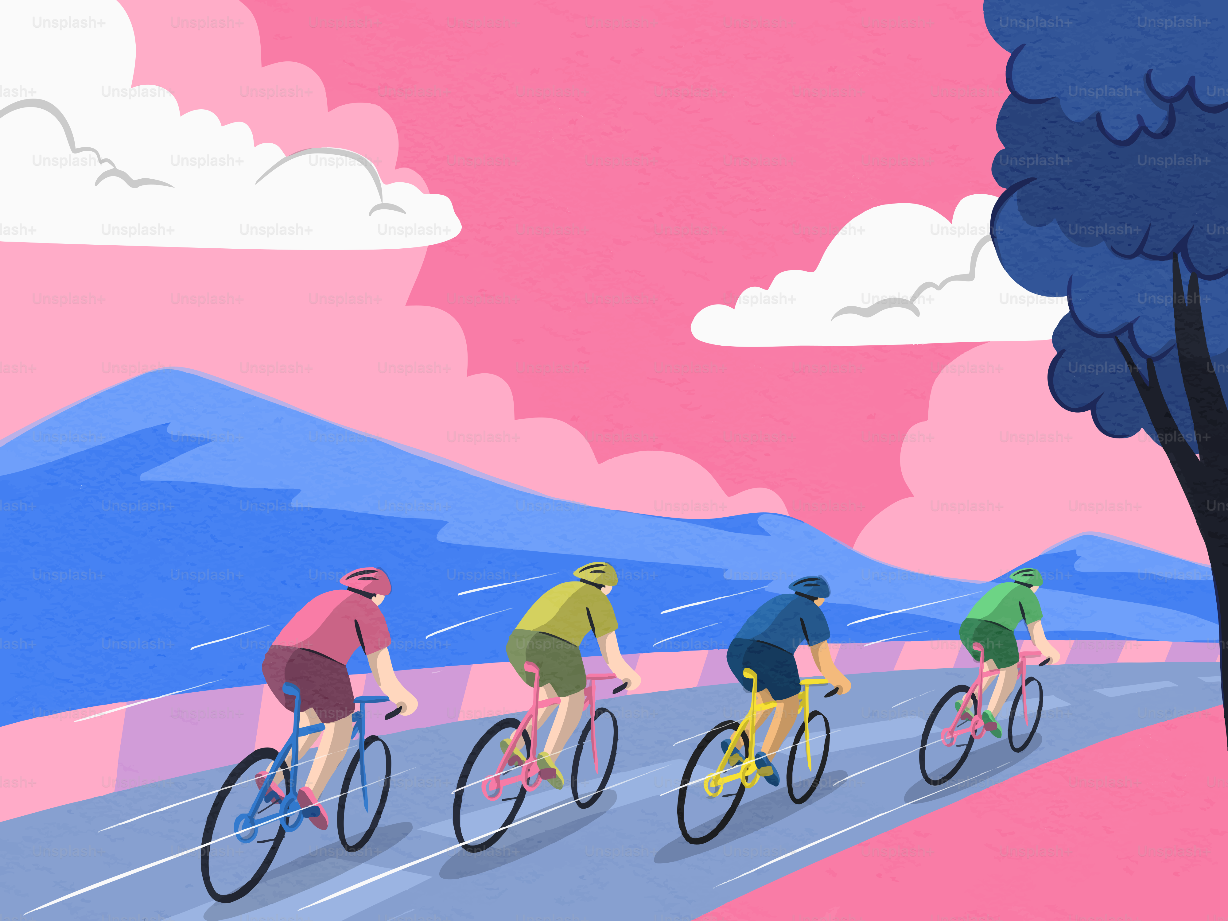 Les cyclistes roulent à vélo sur une route pittoresque au ciel rose