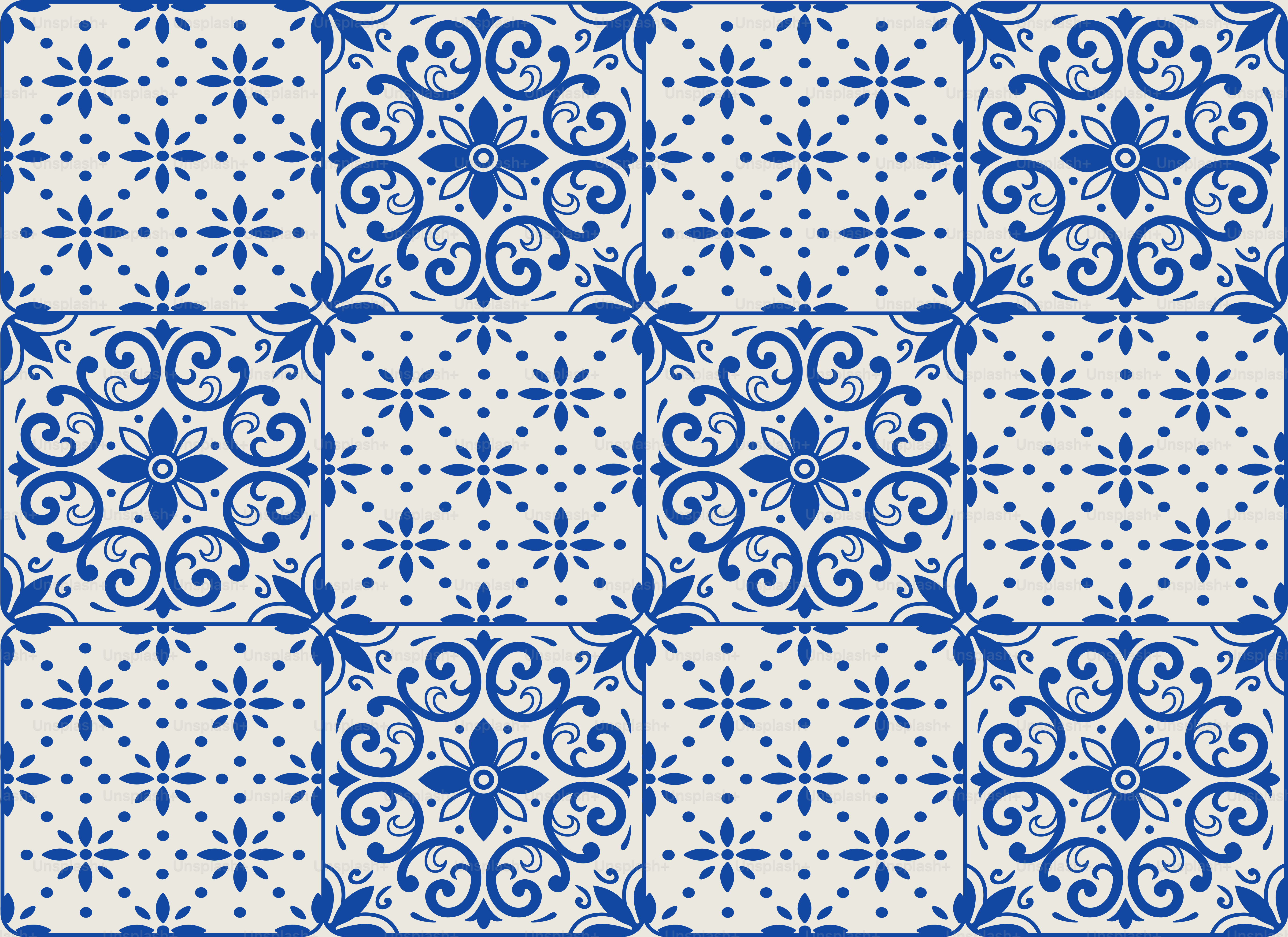 Patrón de azulejos florales sin costuras azul y blanco