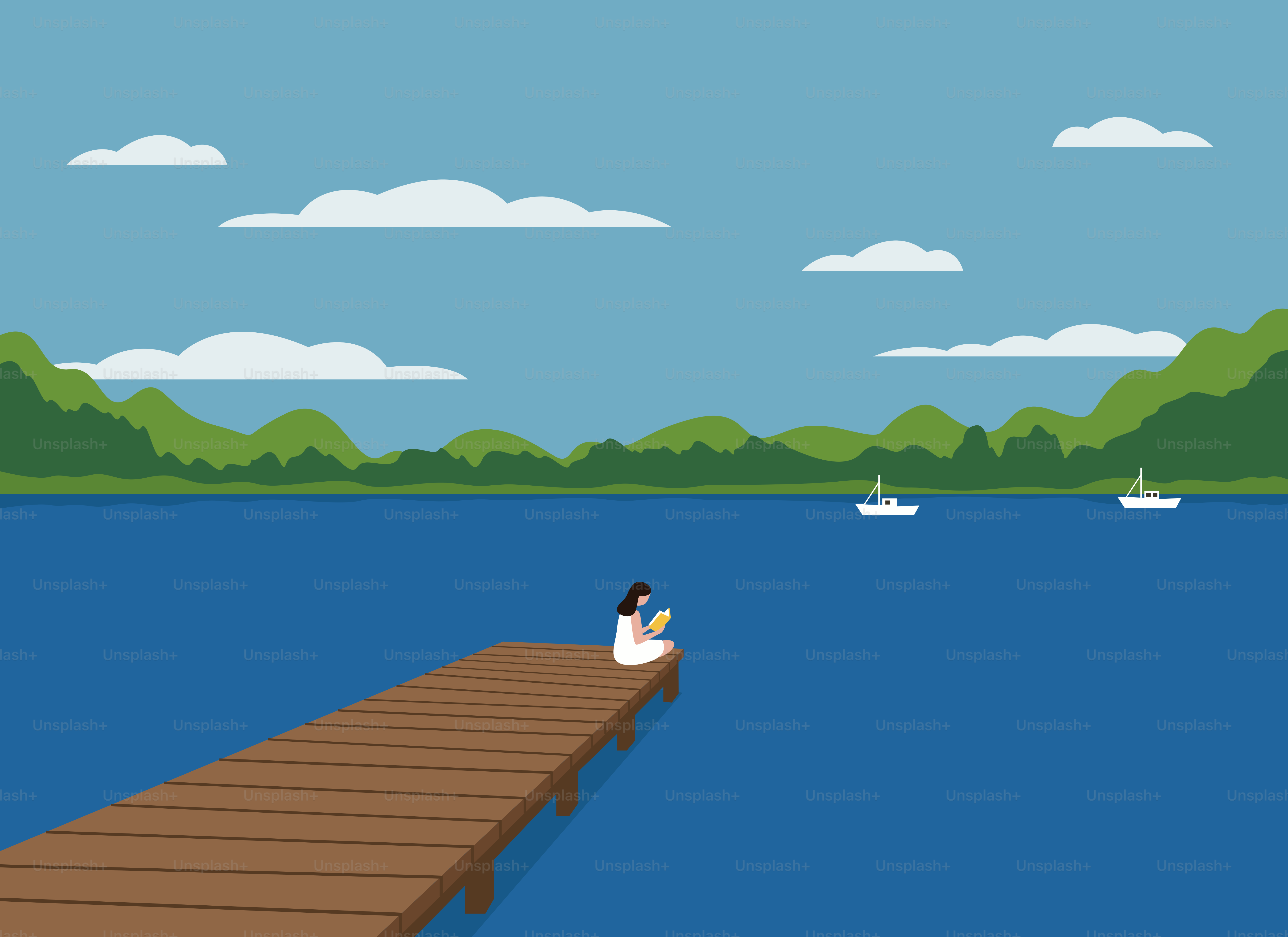 Mujer leyendo en el muelle con vistas al lago y barcos lejanos