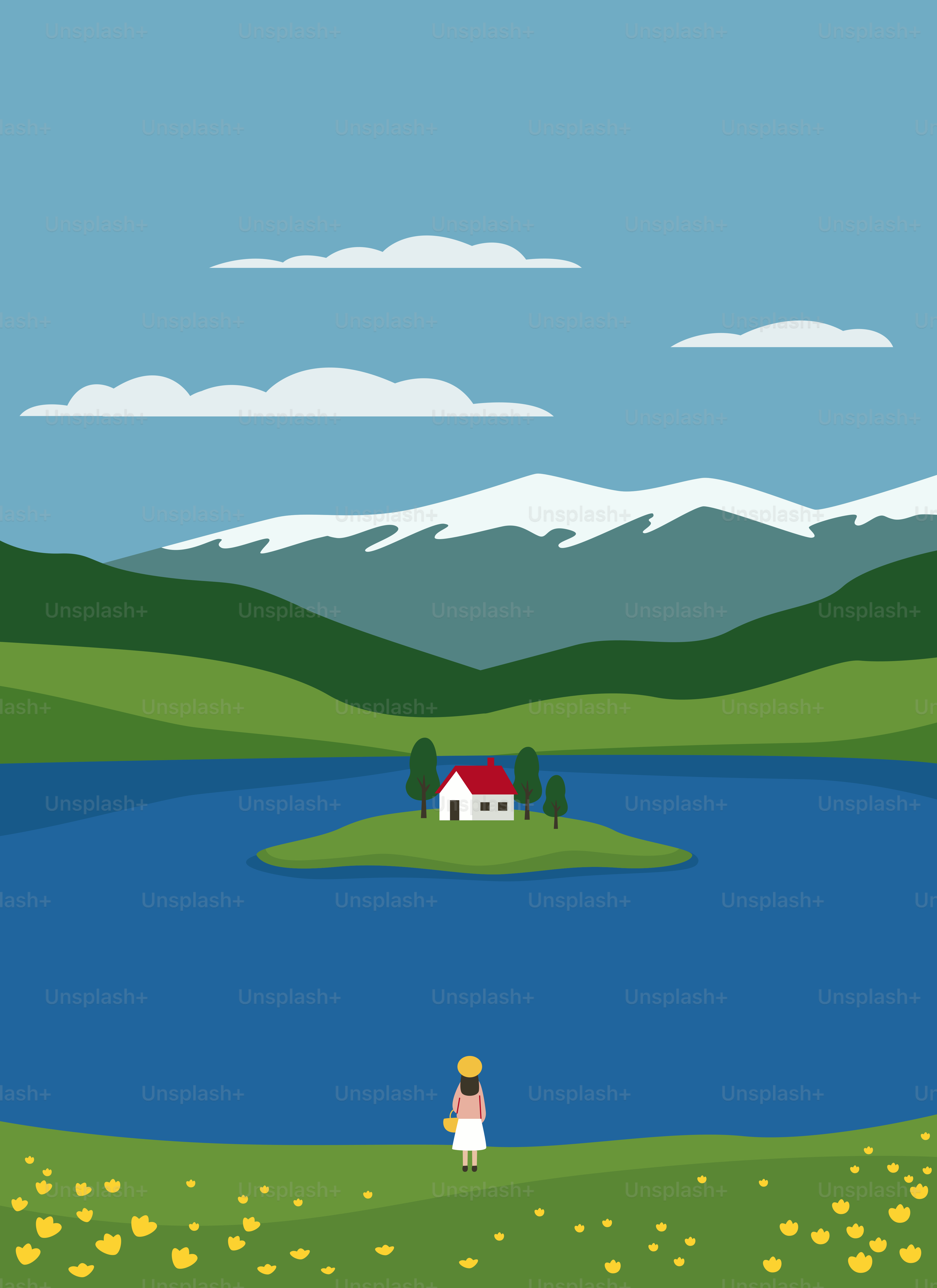 Femme dans un champ de fleurs regardant la maison sur l’île du lac.