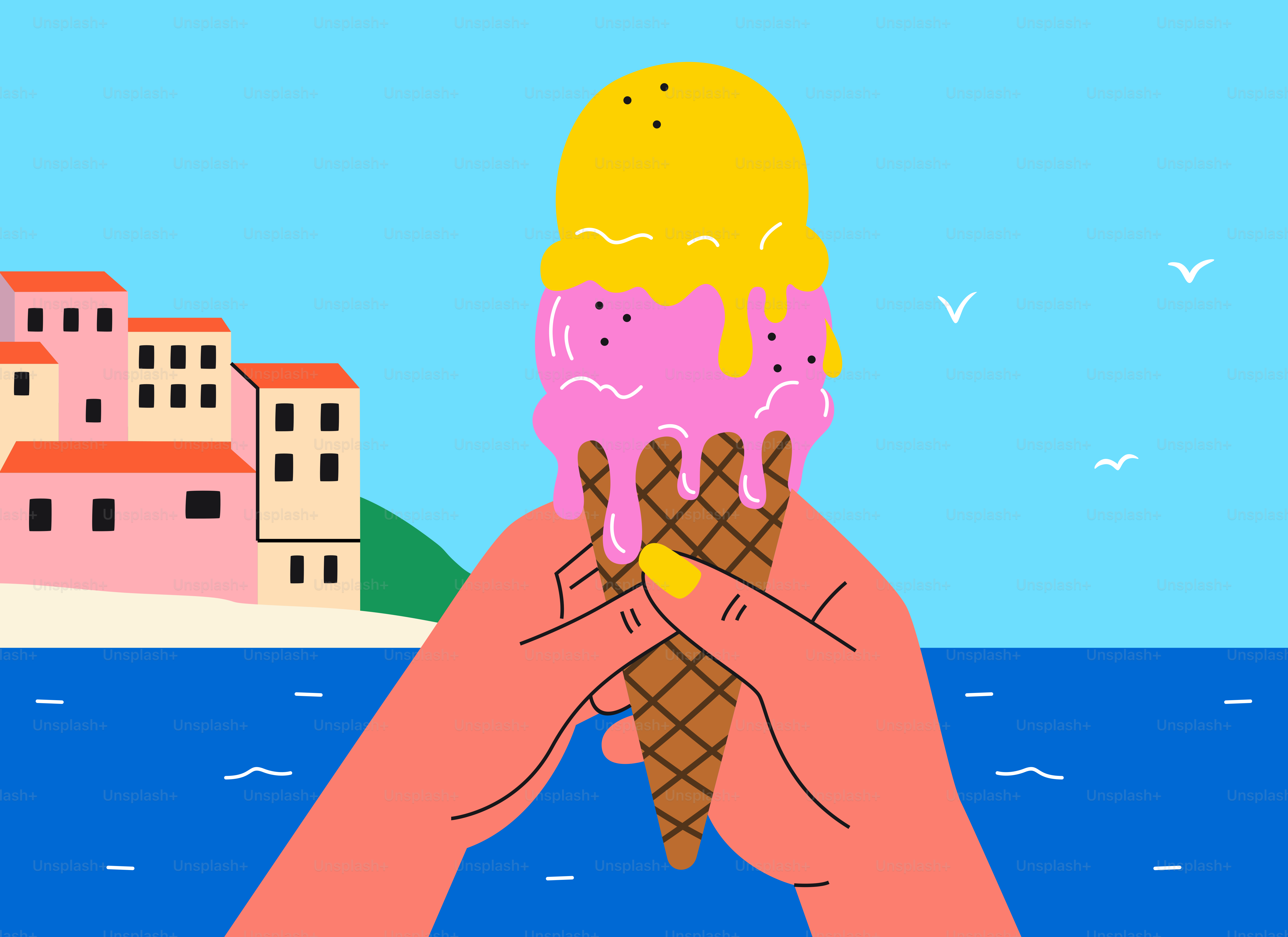 Cono de helado derretido contra un pueblo costero
