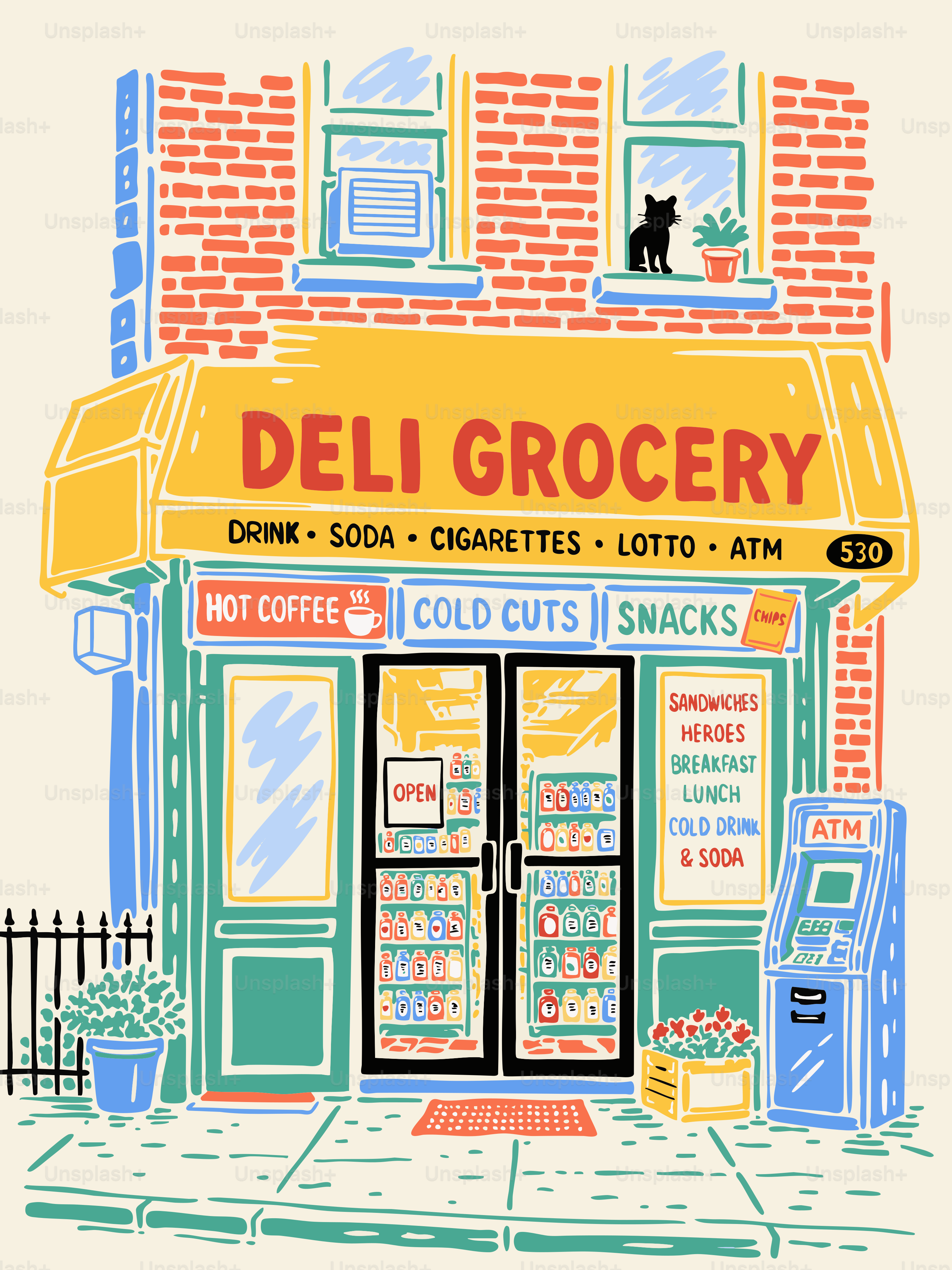 Illustrated deli grocery storefront with yellow awning