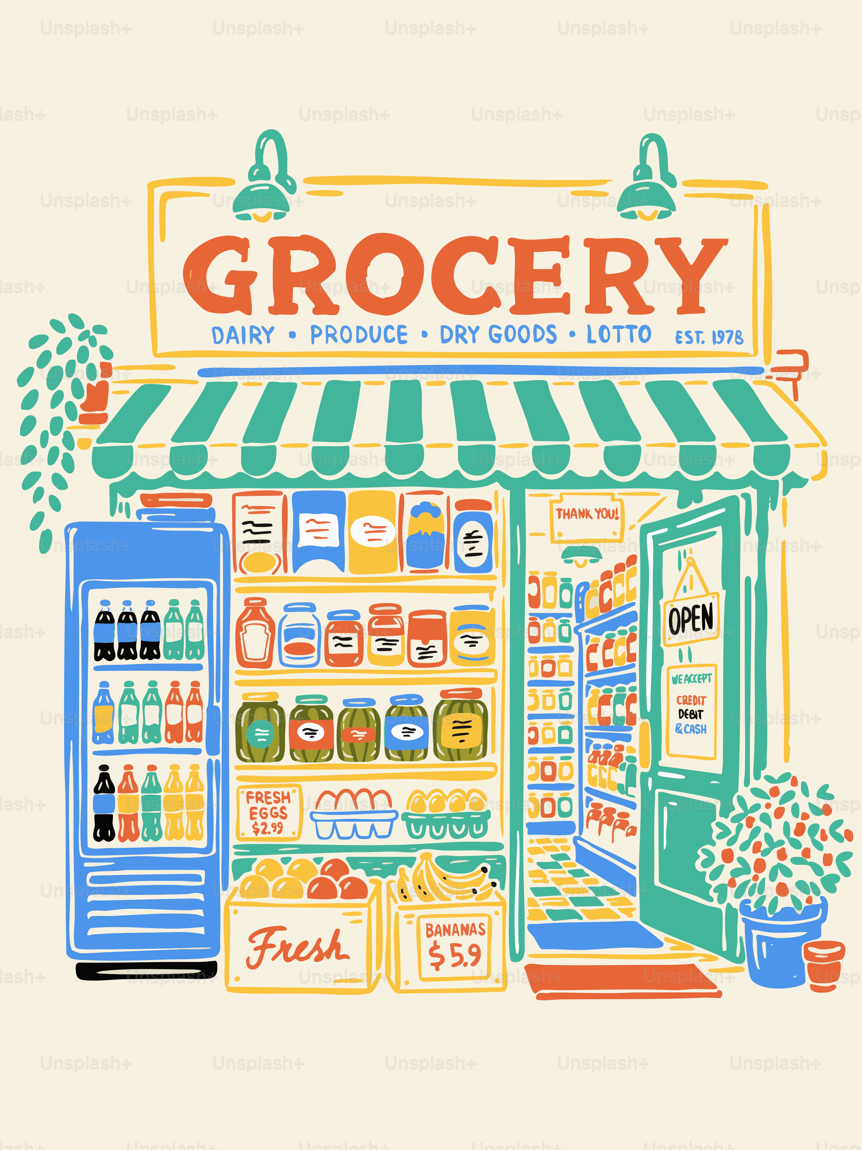 Grocery store exterior with open door and fresh produce