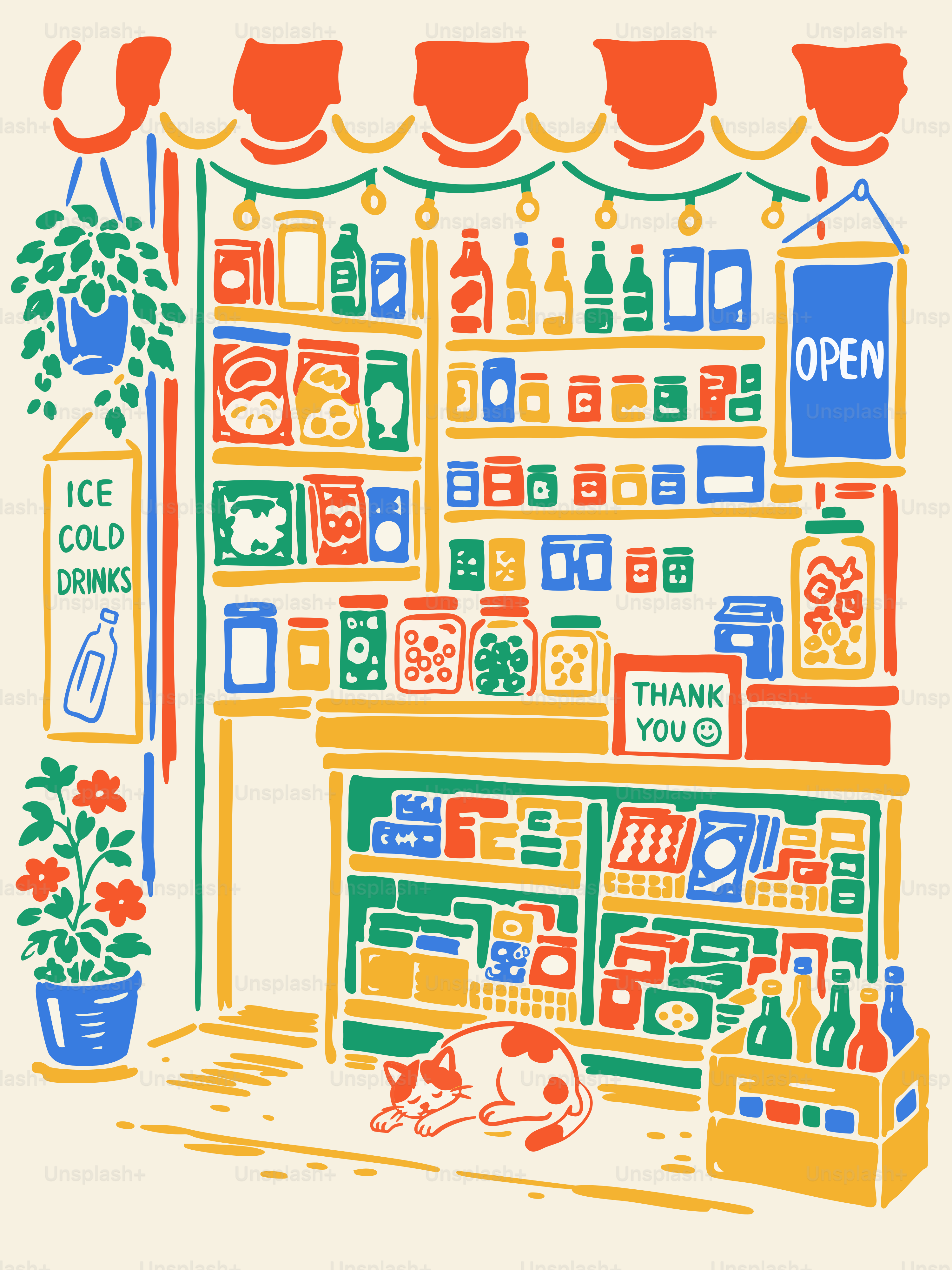 Colorful storefront with products and sleeping cat outside