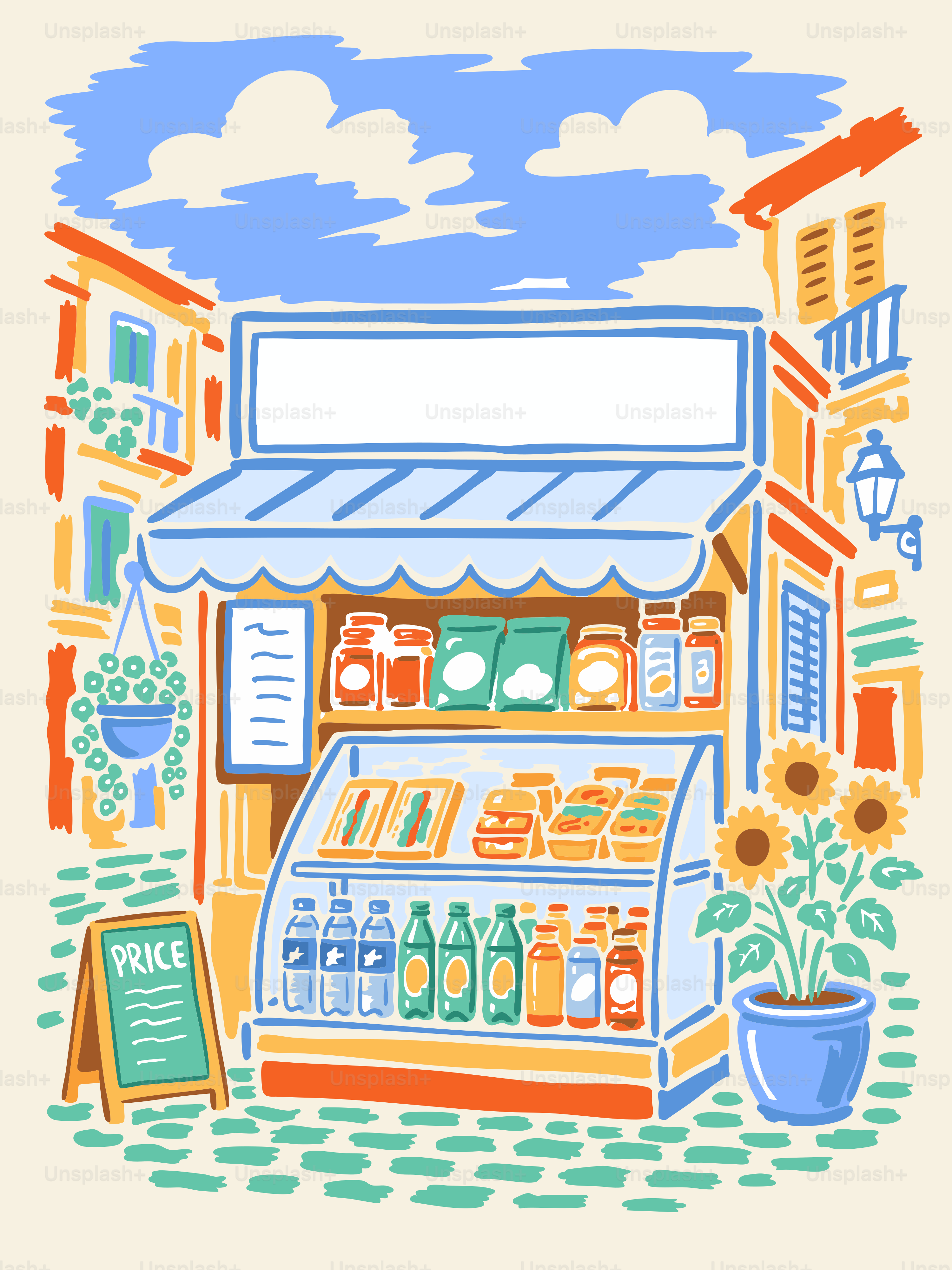 Hand-drawn market stall with food, drinks, and sunflowers