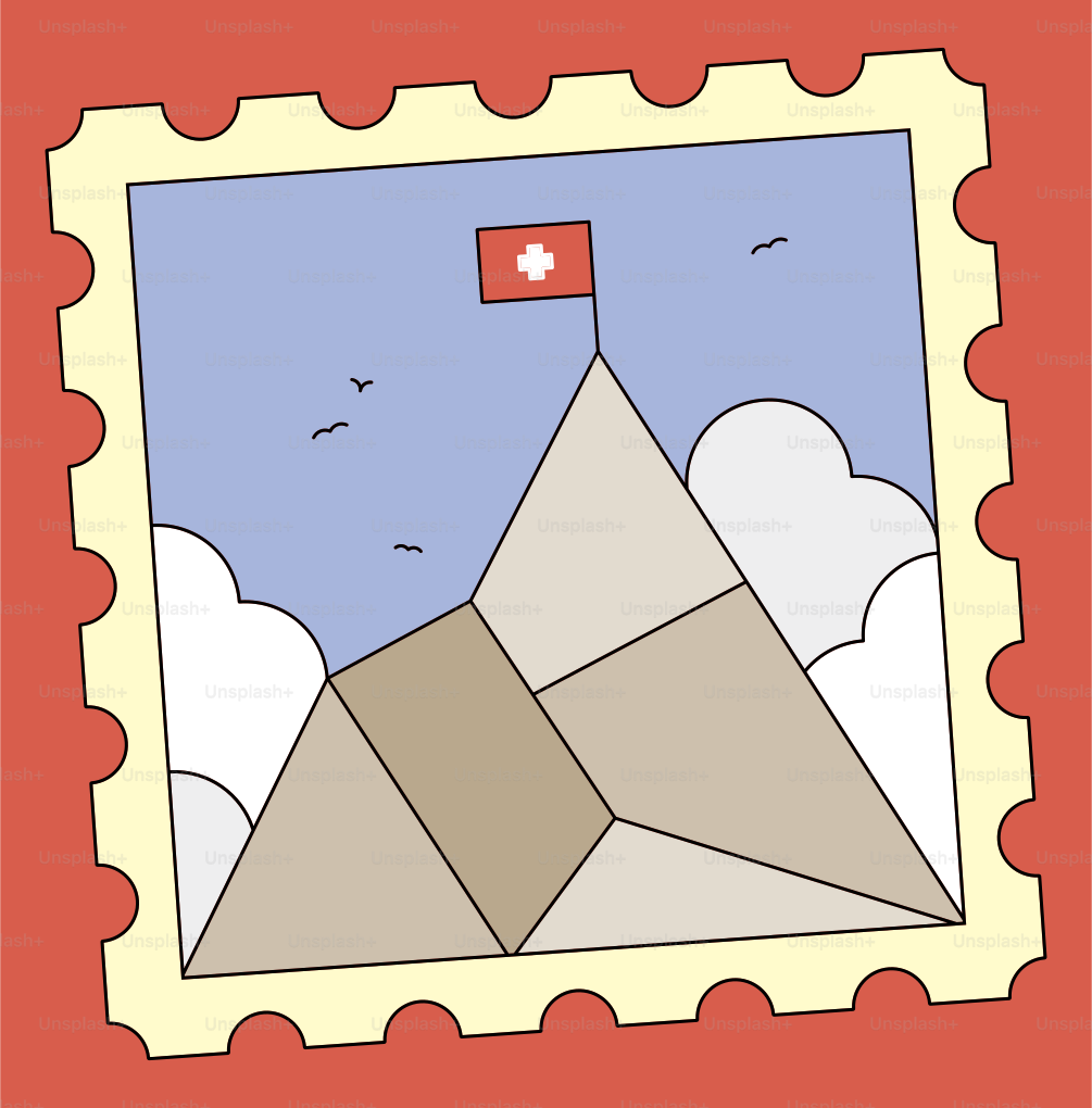 Schweizer Flagge auf Berggipfel auf Briefmarke