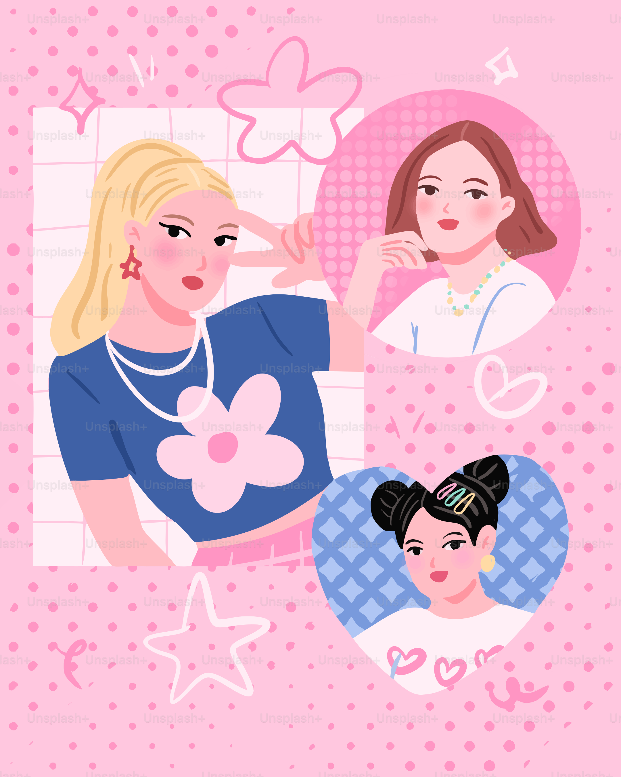 Three stylized cartoon women on a pink background