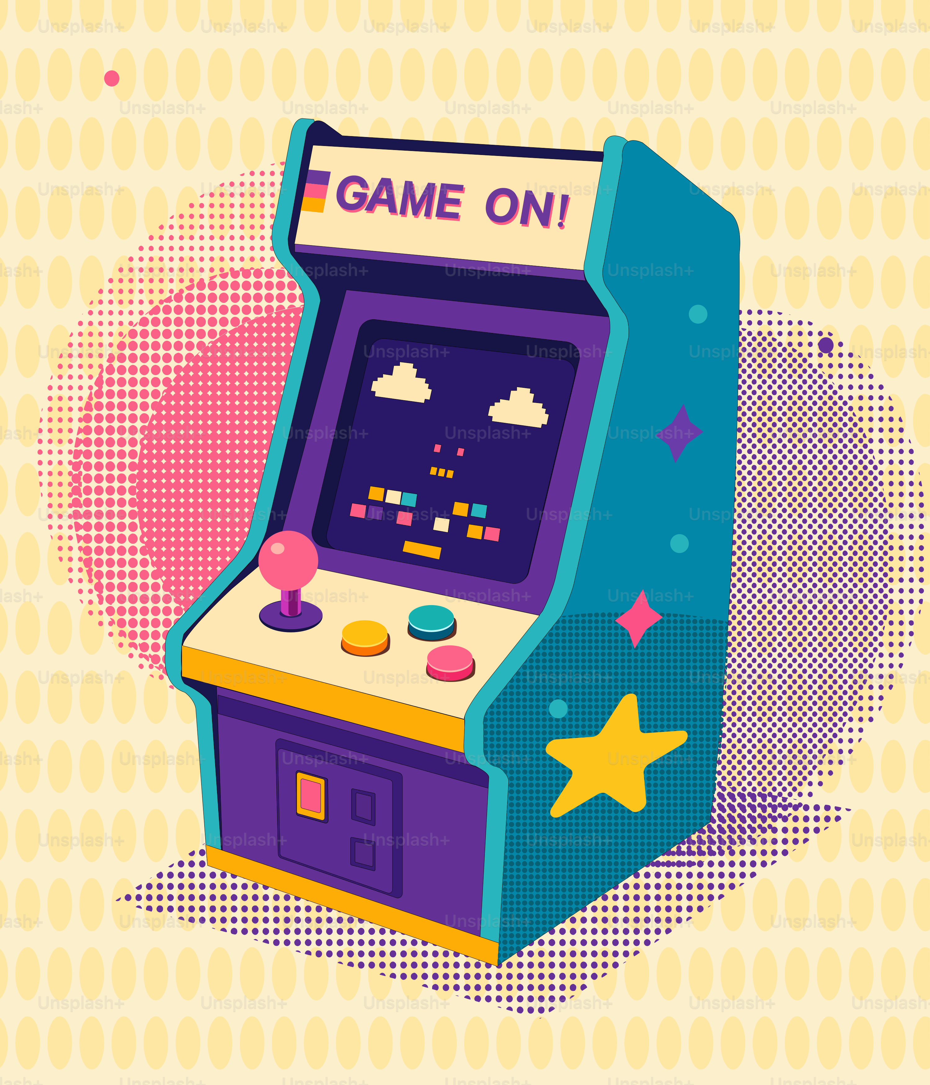 Macchina arcade retrò colorata con joystick e schermo