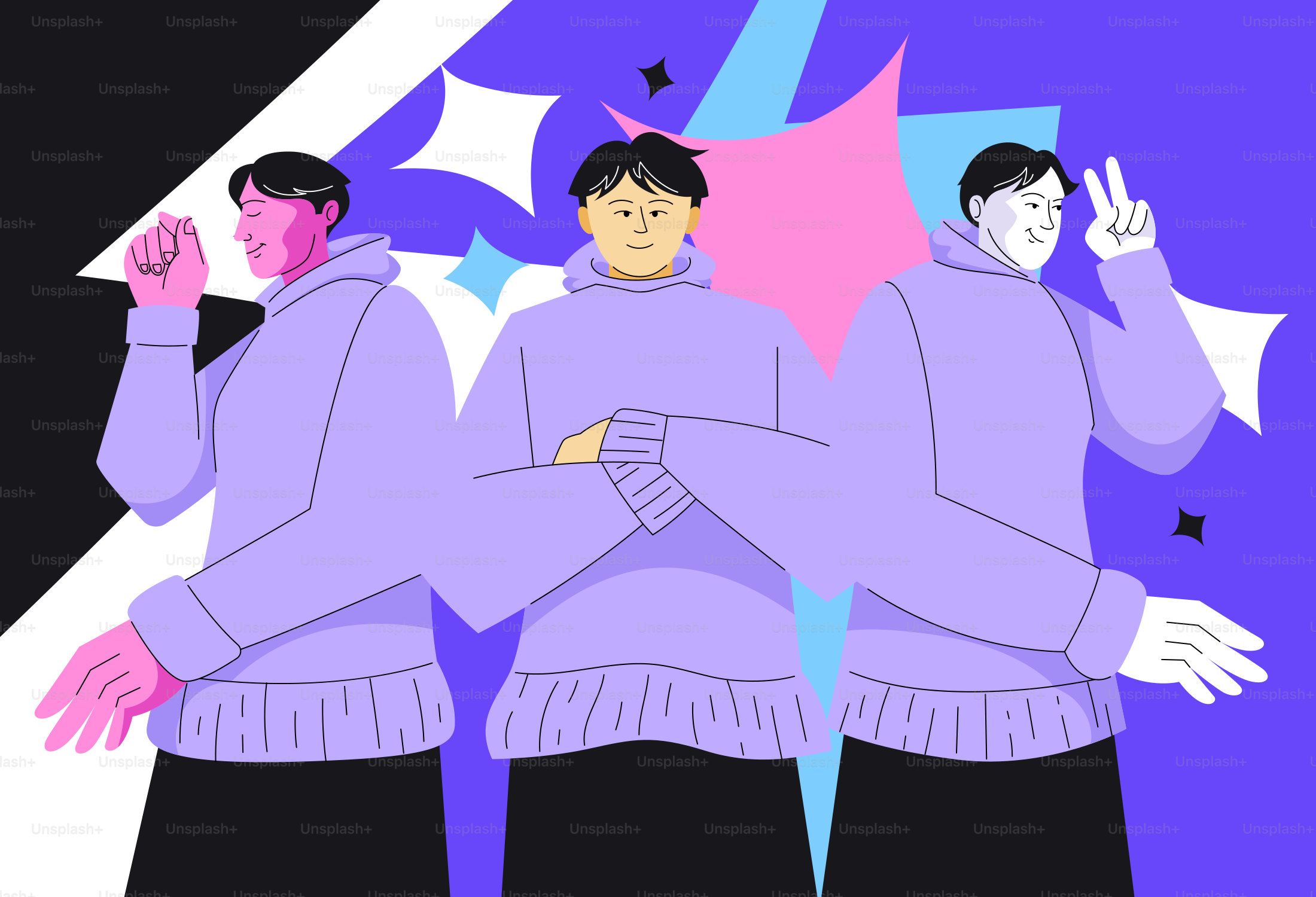 보라색 후드티를 입은 스타일화된 인물이 다양한 포즈를 취하고 있다