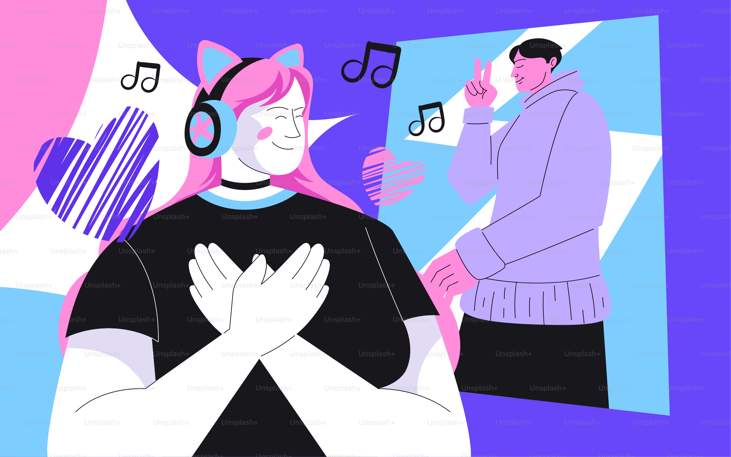 고양이 귀 헤드폰을 쓴 사람이 하트 제스처를 하고 있습니다