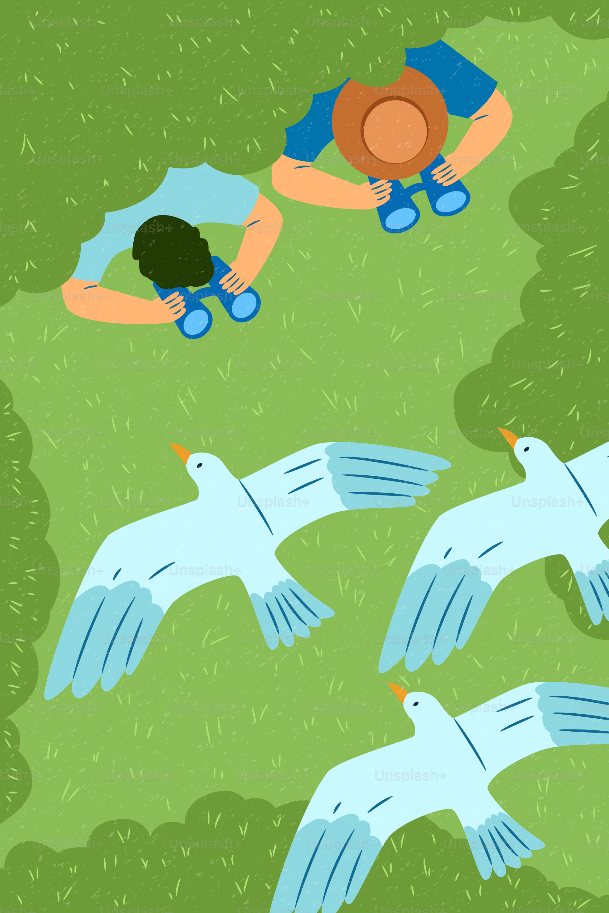 People with binoculars watching three birds flying