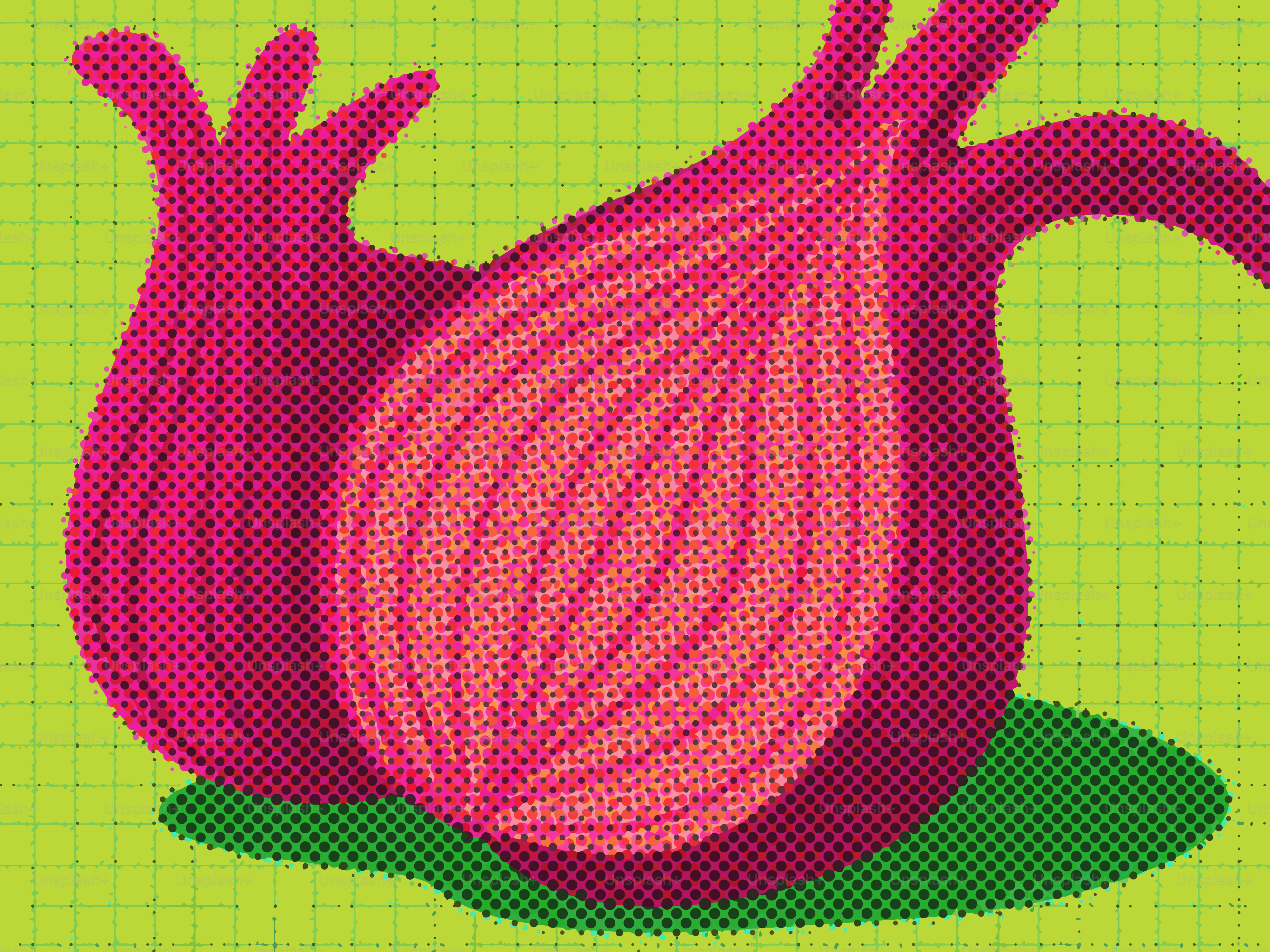 Verpixelte rote Zwiebeln, ganze und halbierte, auf grünem Grund