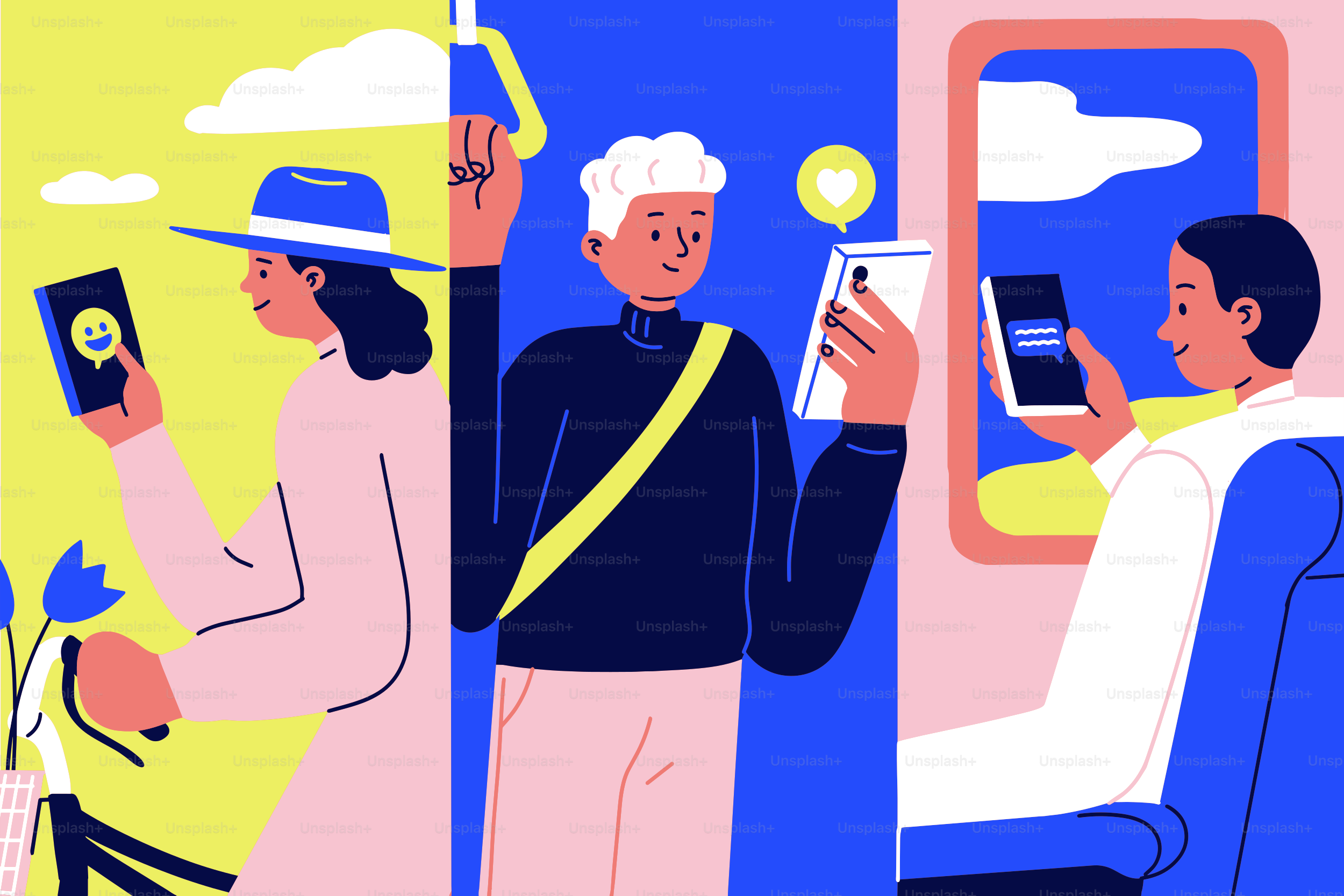 Commuters using phones for group chats
