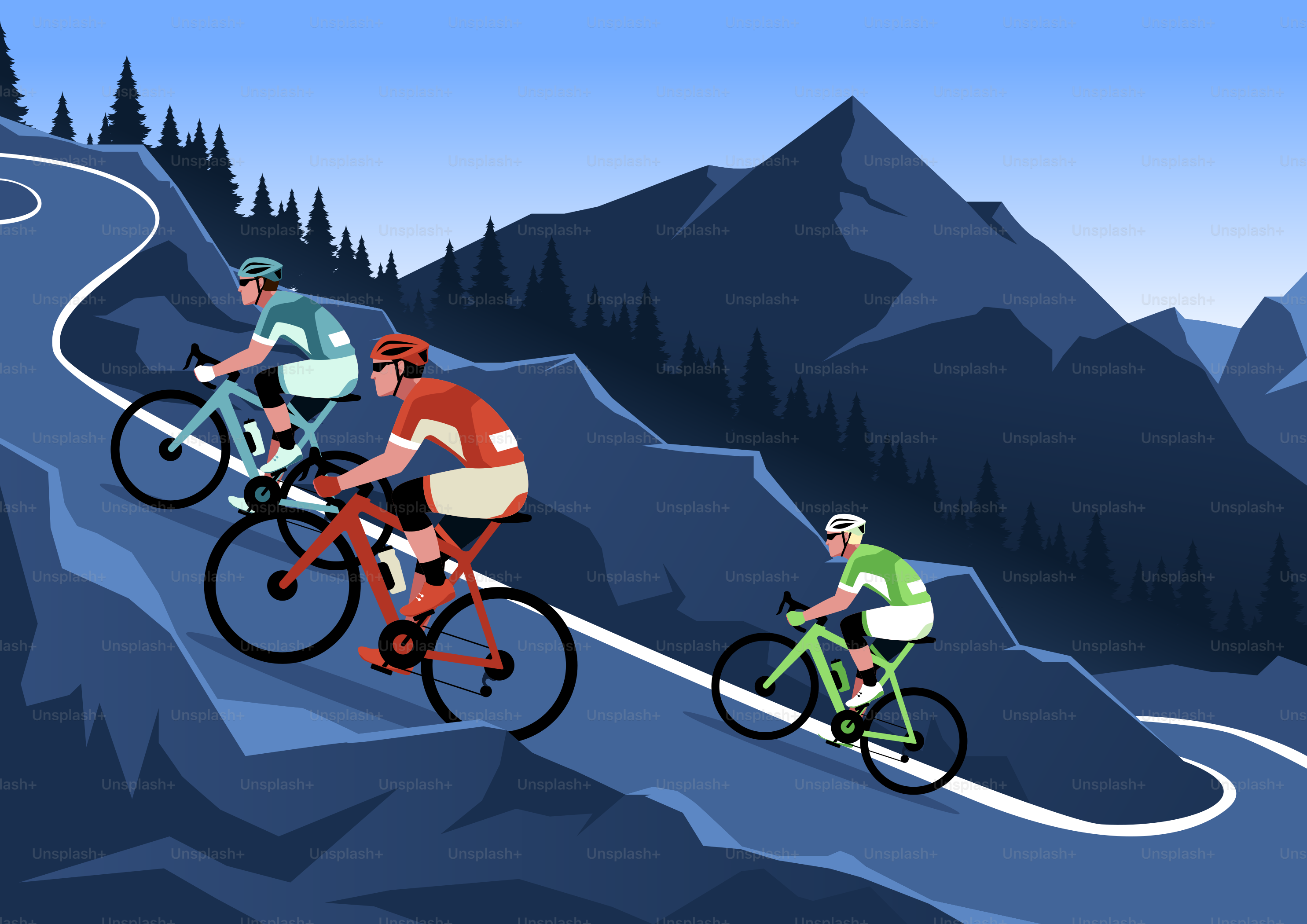 Professional cyclists climbing winding mountain road illustration