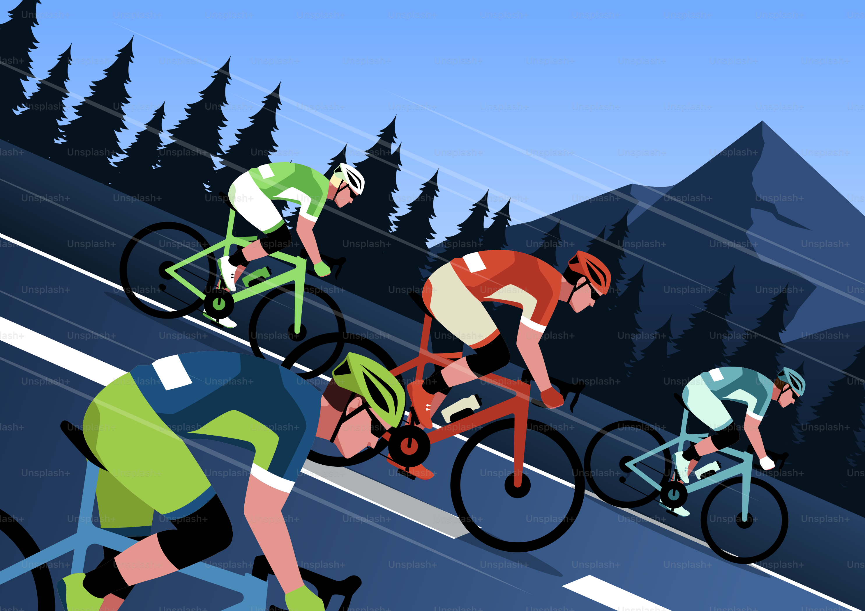 Professional cyclists racing down an alpine mountain road