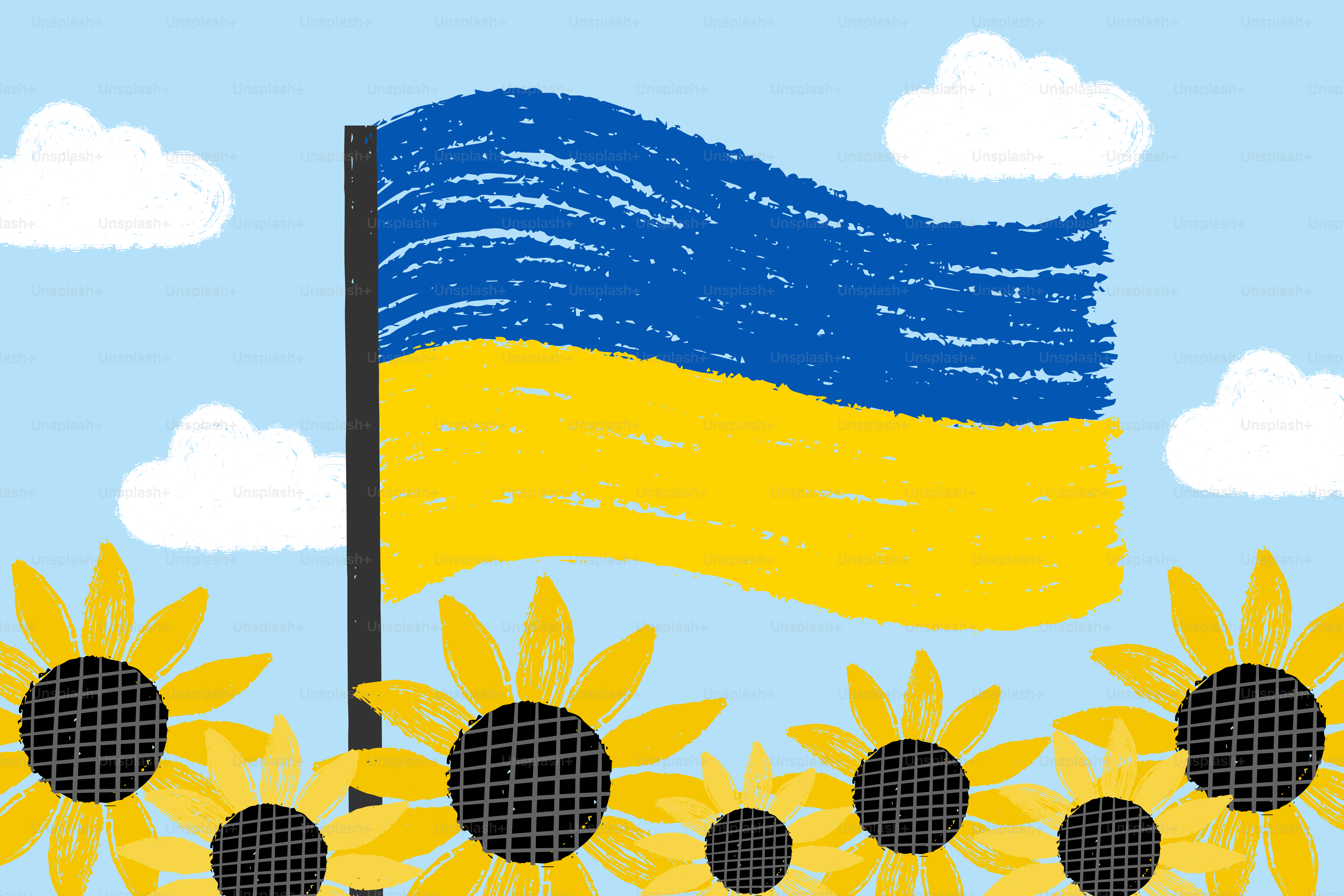 Wachsmalstil ukrainische Flagge mit Sonnenblumen schwenkt
