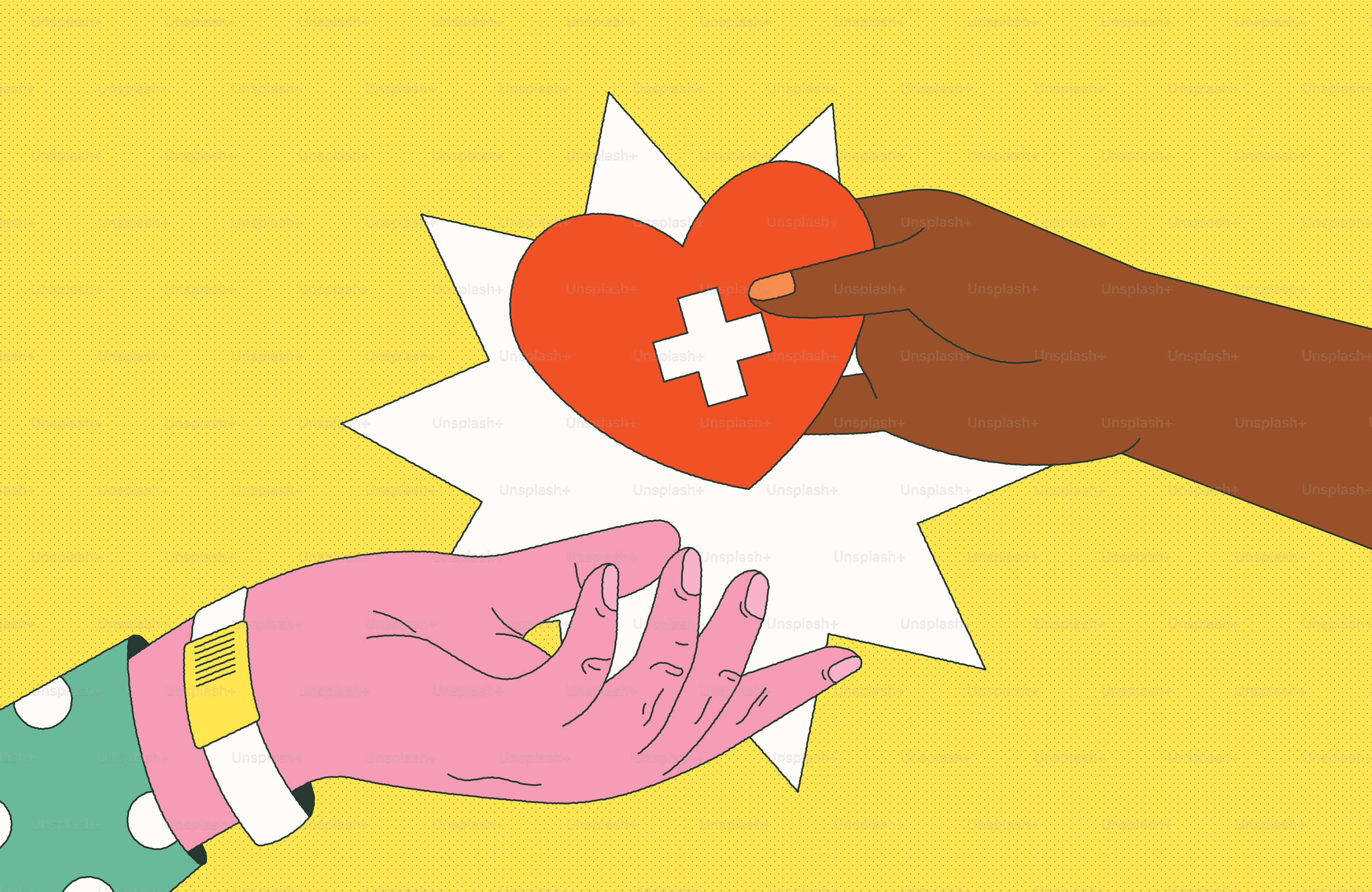 Mani che scambiano cuore con croce, simbolo di sanità compassionevole