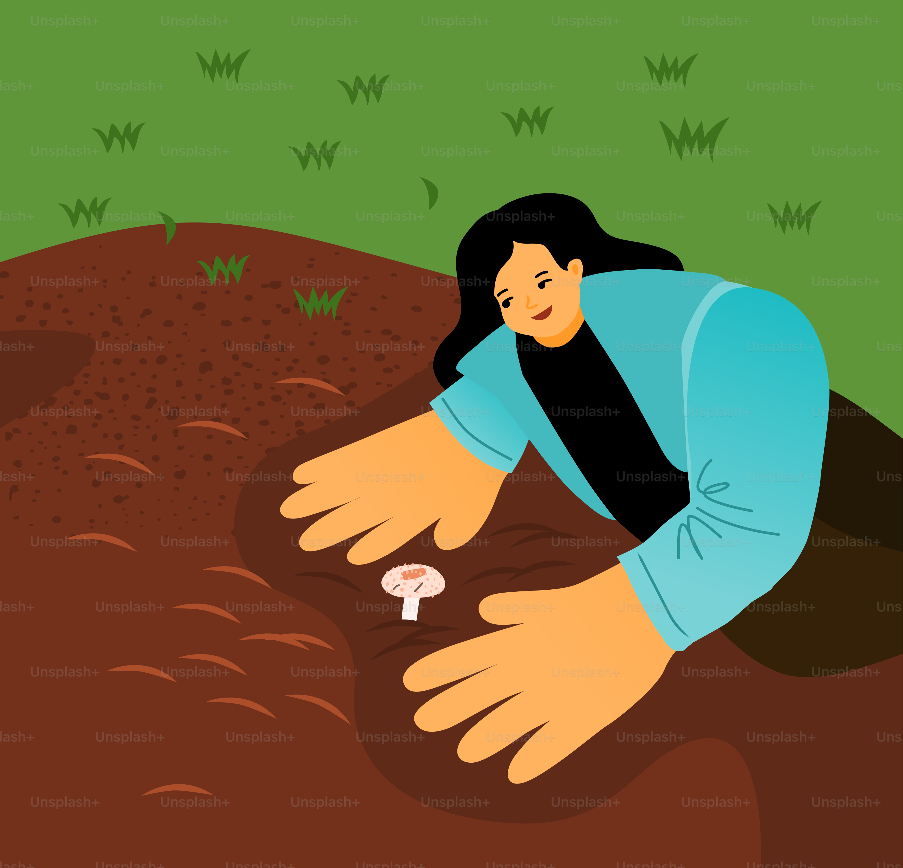 Femme aux grandes mains regardant un champignon