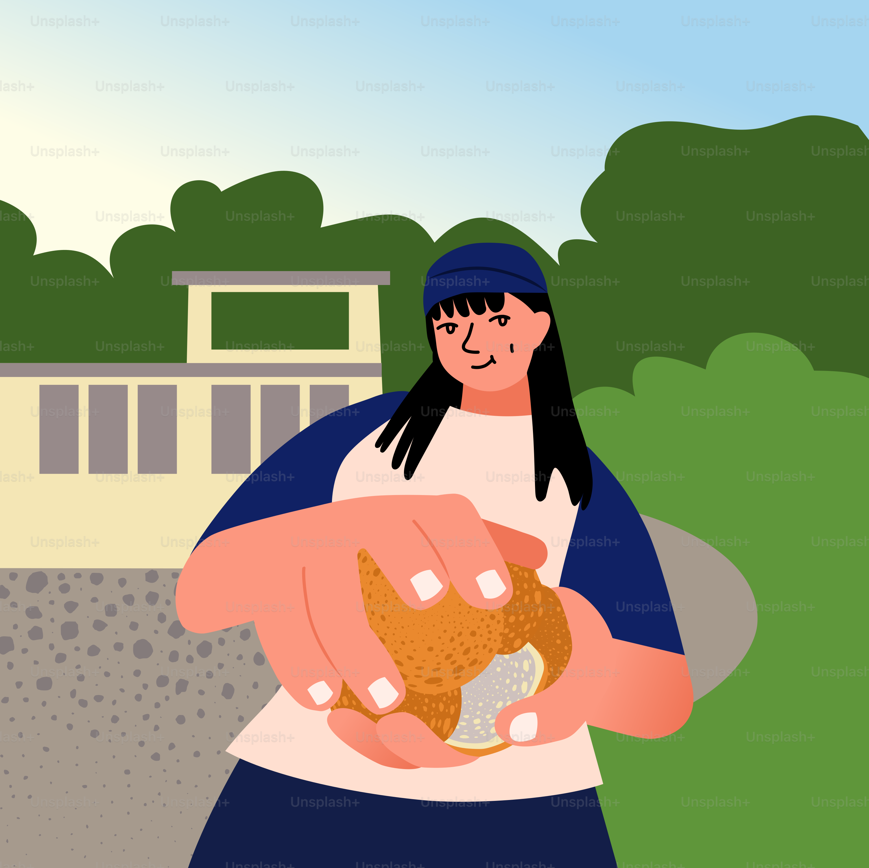 Femme épluchant une orange devant un bâtiment