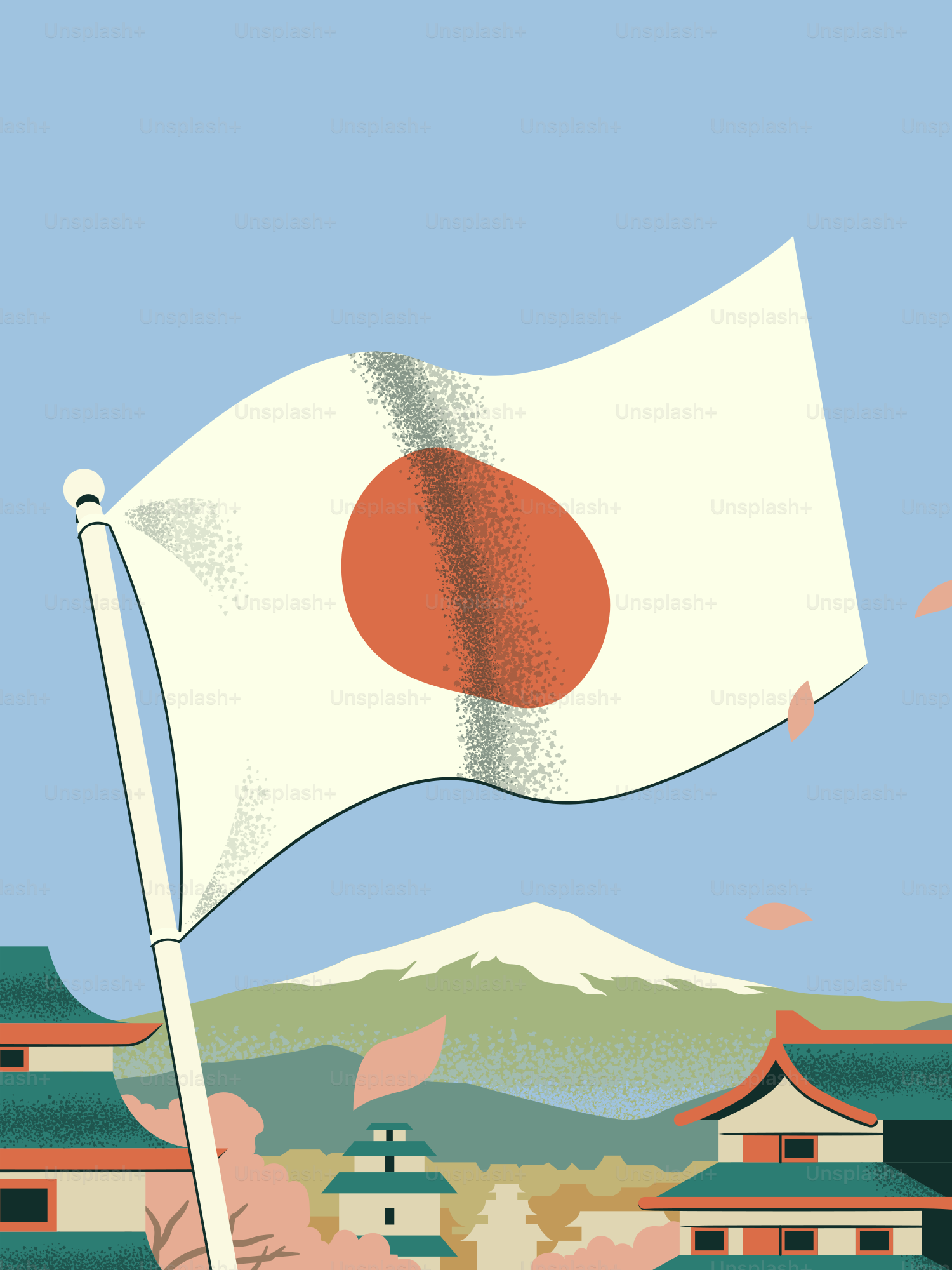 Bendera Jepang, gunung fuji, dan bangunan tradisional dengan bunga sakura.