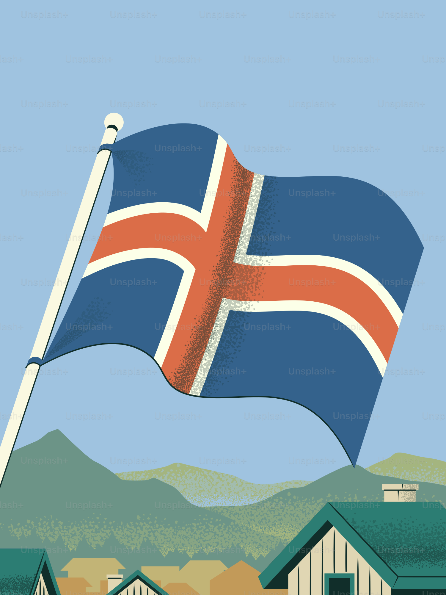 Drapeau islandais flottant au-dessus des maisons et des montagnes verdoyantes