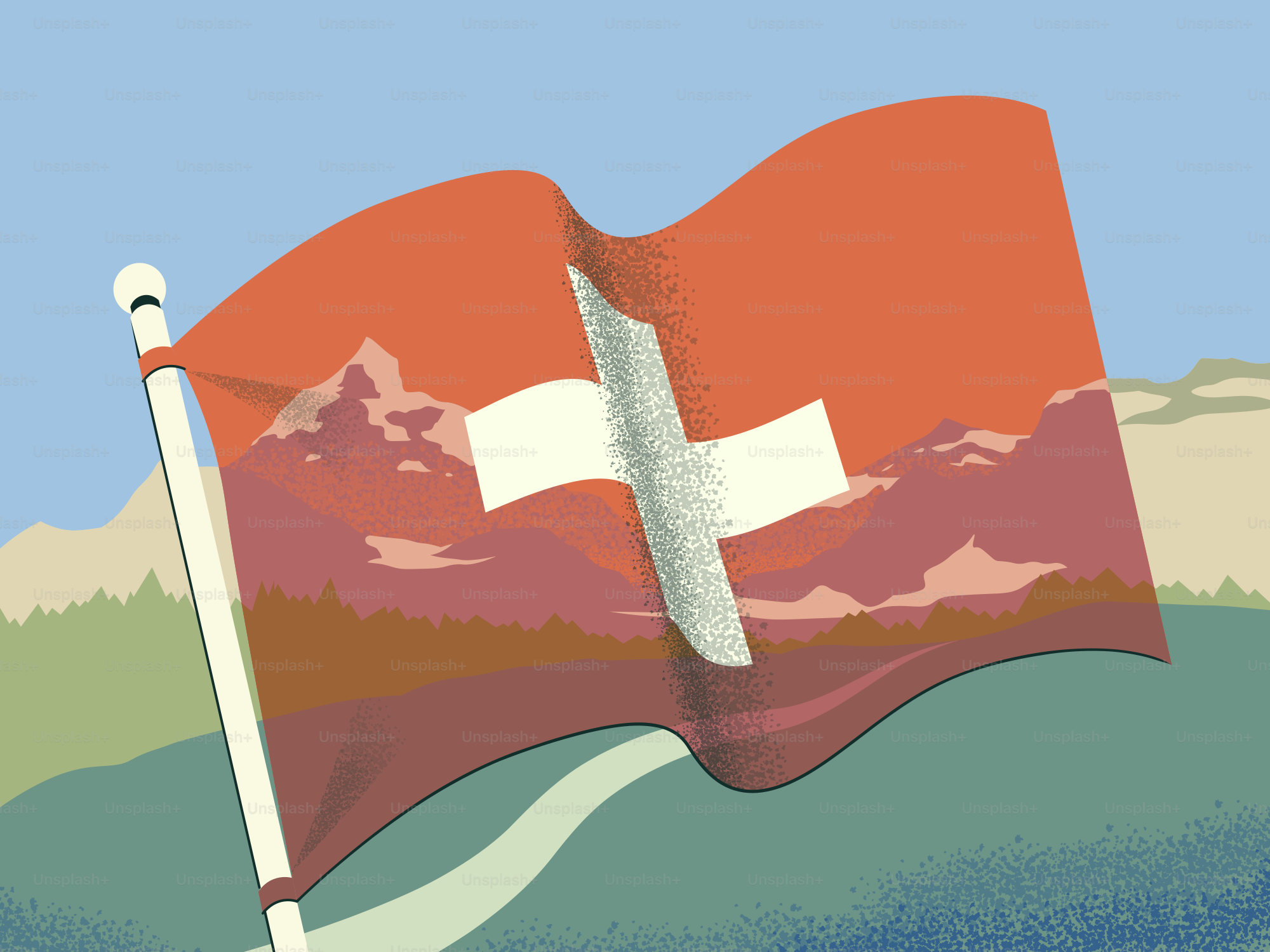 Schweizer Flagge schwenkt mit Berglandschaftsdesign