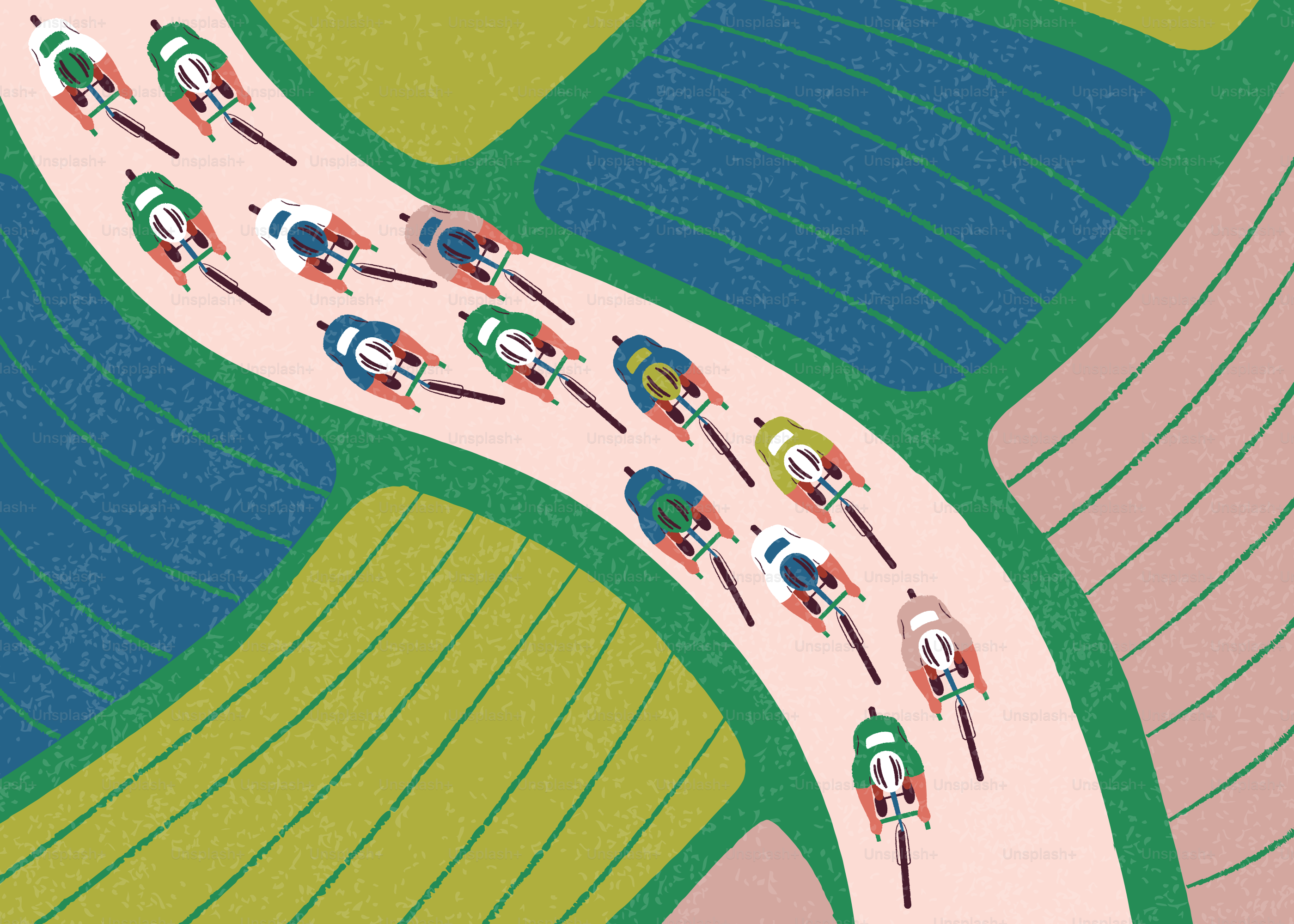 Corrida de bicicleta em estrada sinuosa por campos