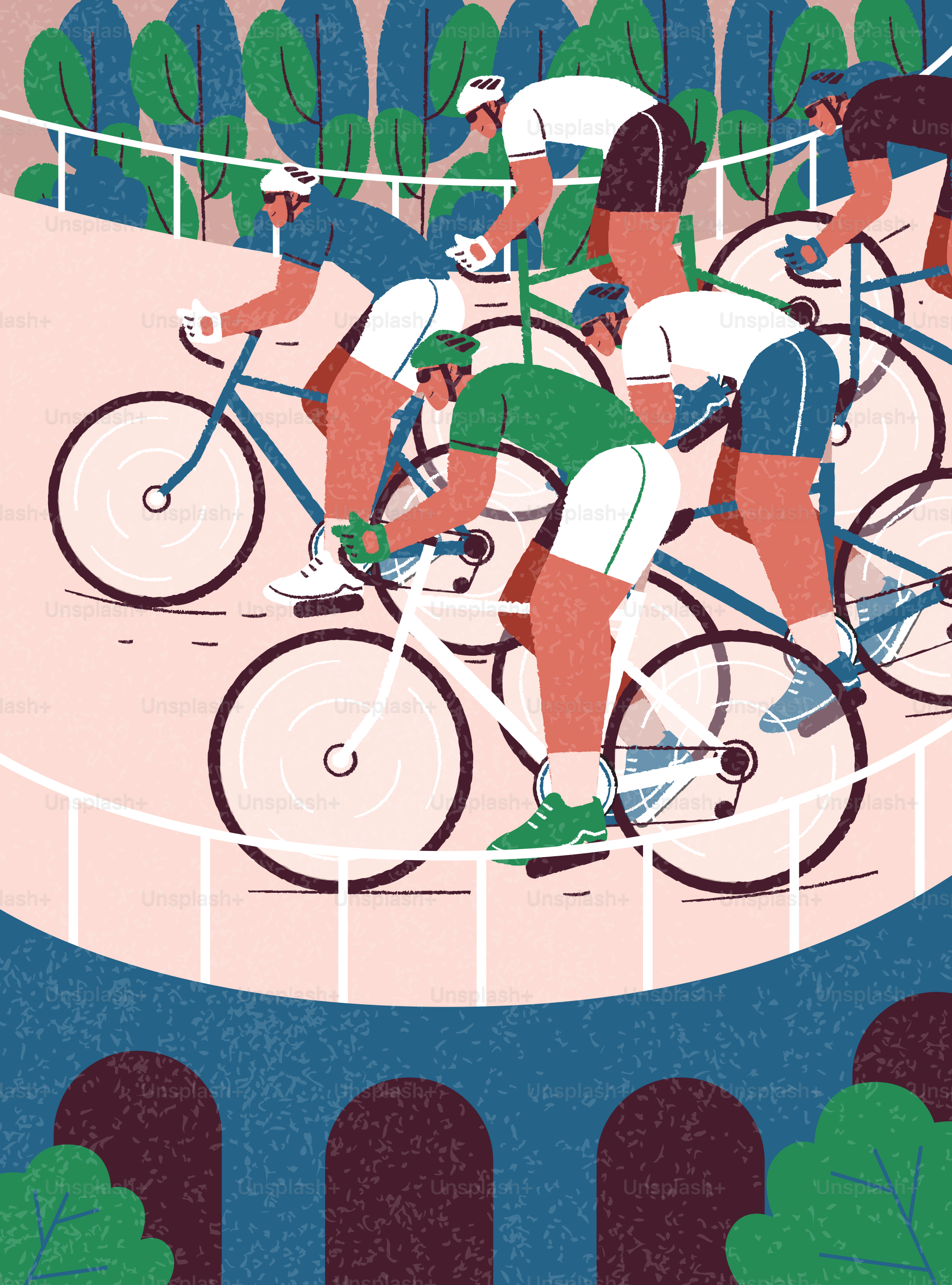 Ciclistas correndo em velódromo com árvores