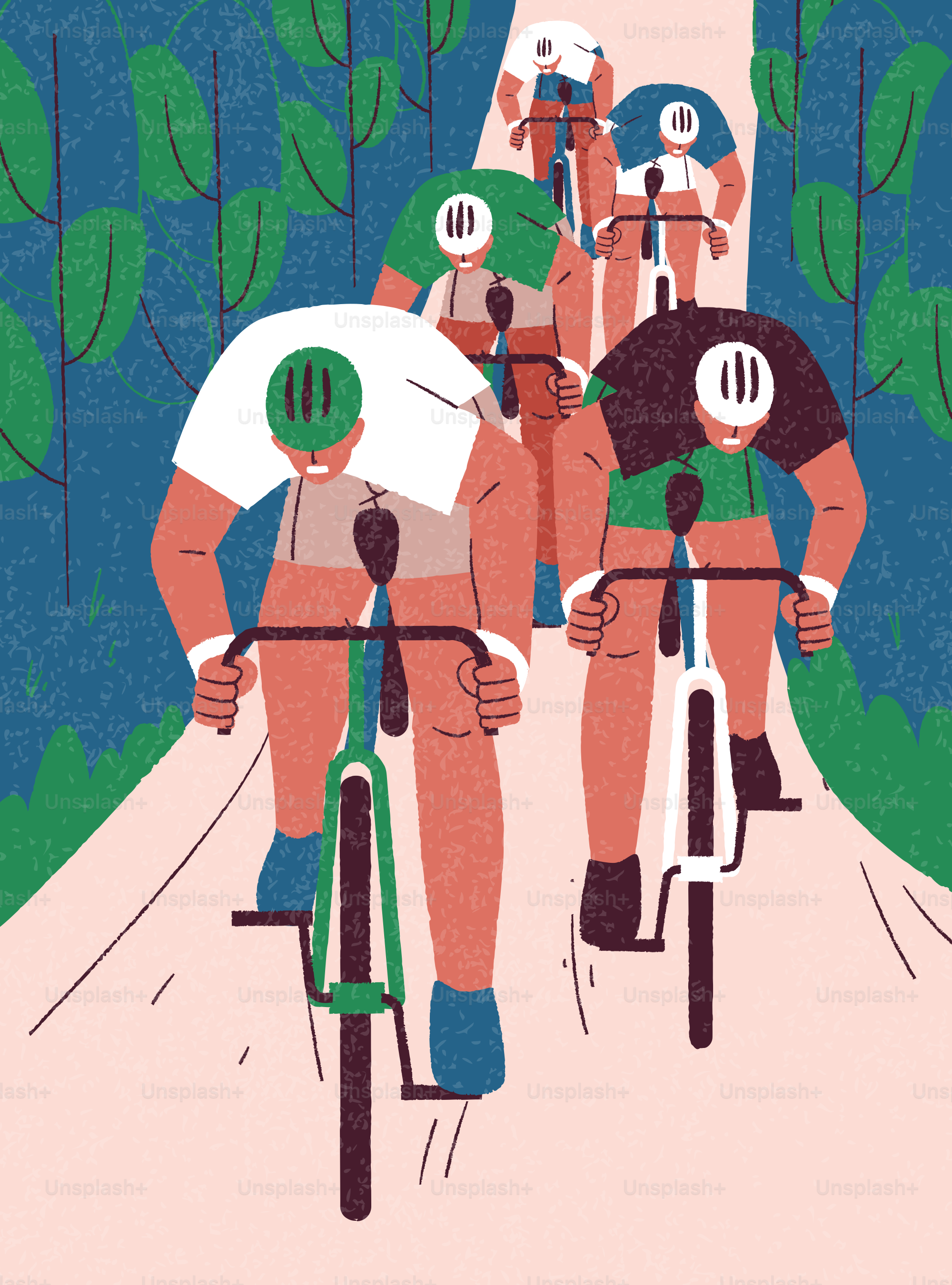 Ciclistas andando de bicicleta em uma estrada florestal sinuosa