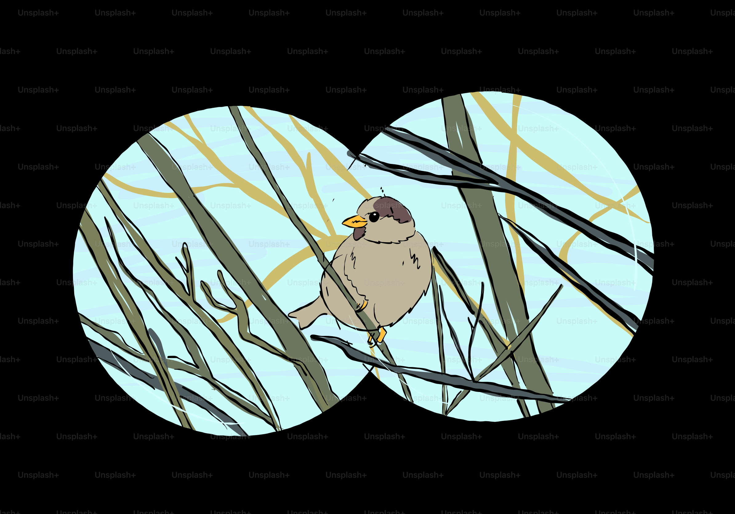Bird on branch through binocular view