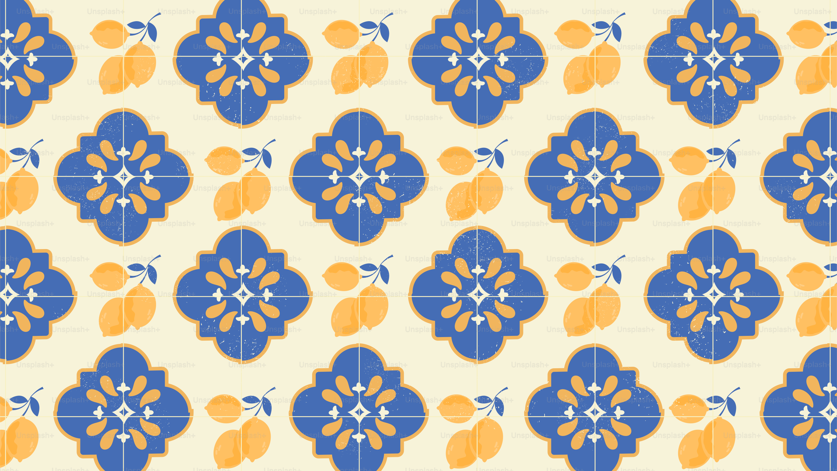 Padrão decorativo de azulejo azul e amarelo com limões