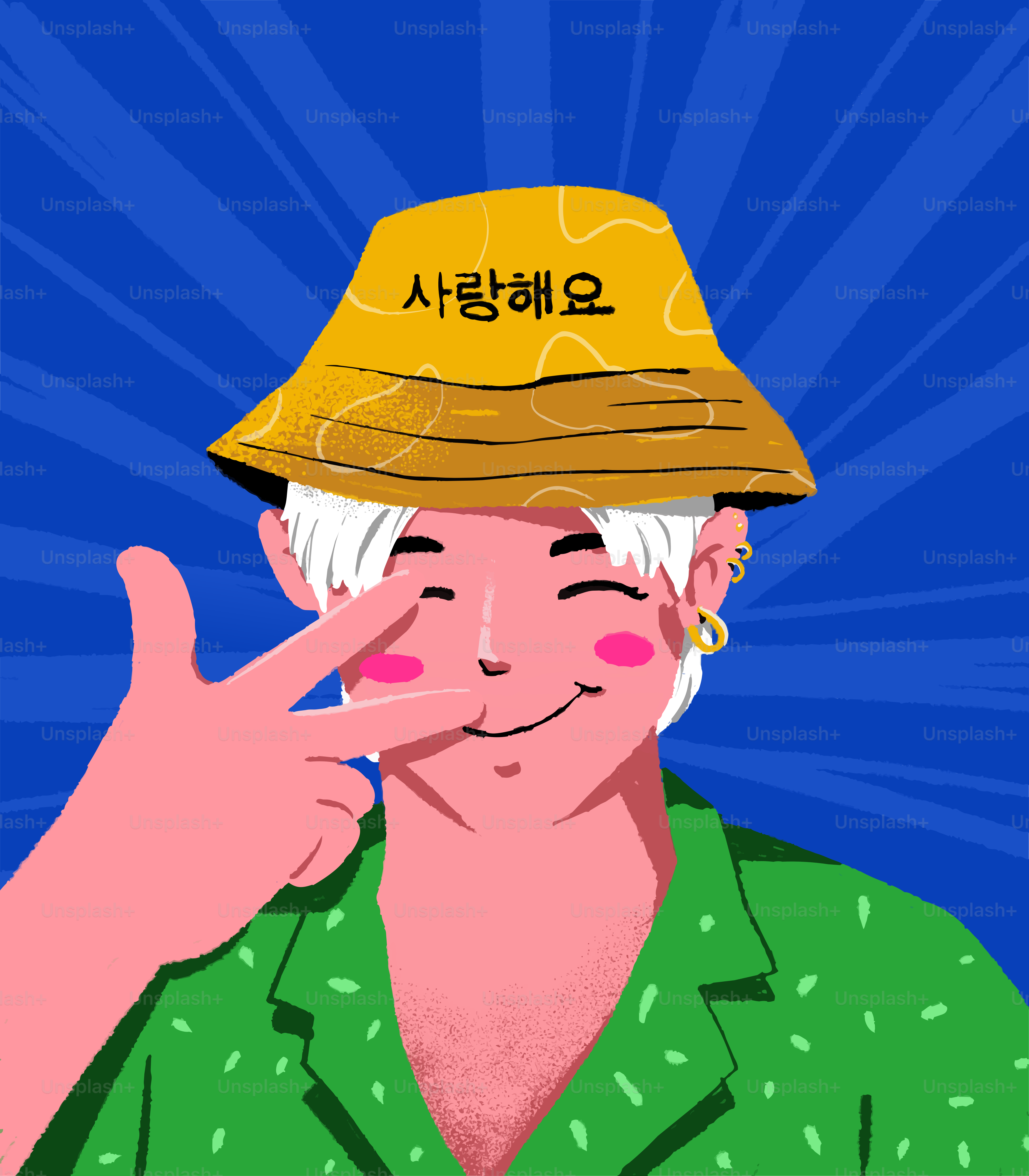 Personne souriante avec un chapeau « 사랑해요 » faisant le signe de paix